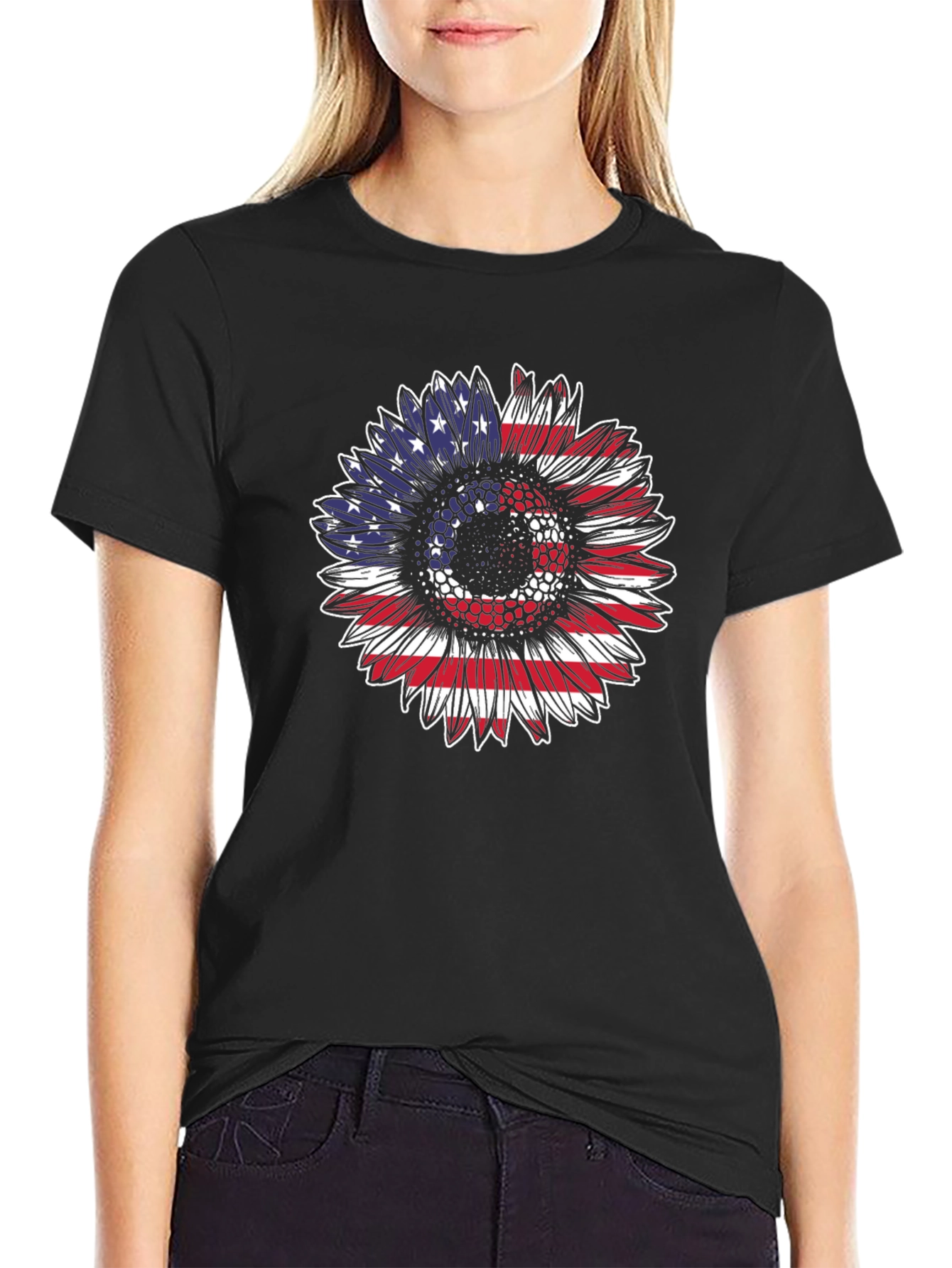 Patriotic Sunflower T-Shirt: USA Flag Design