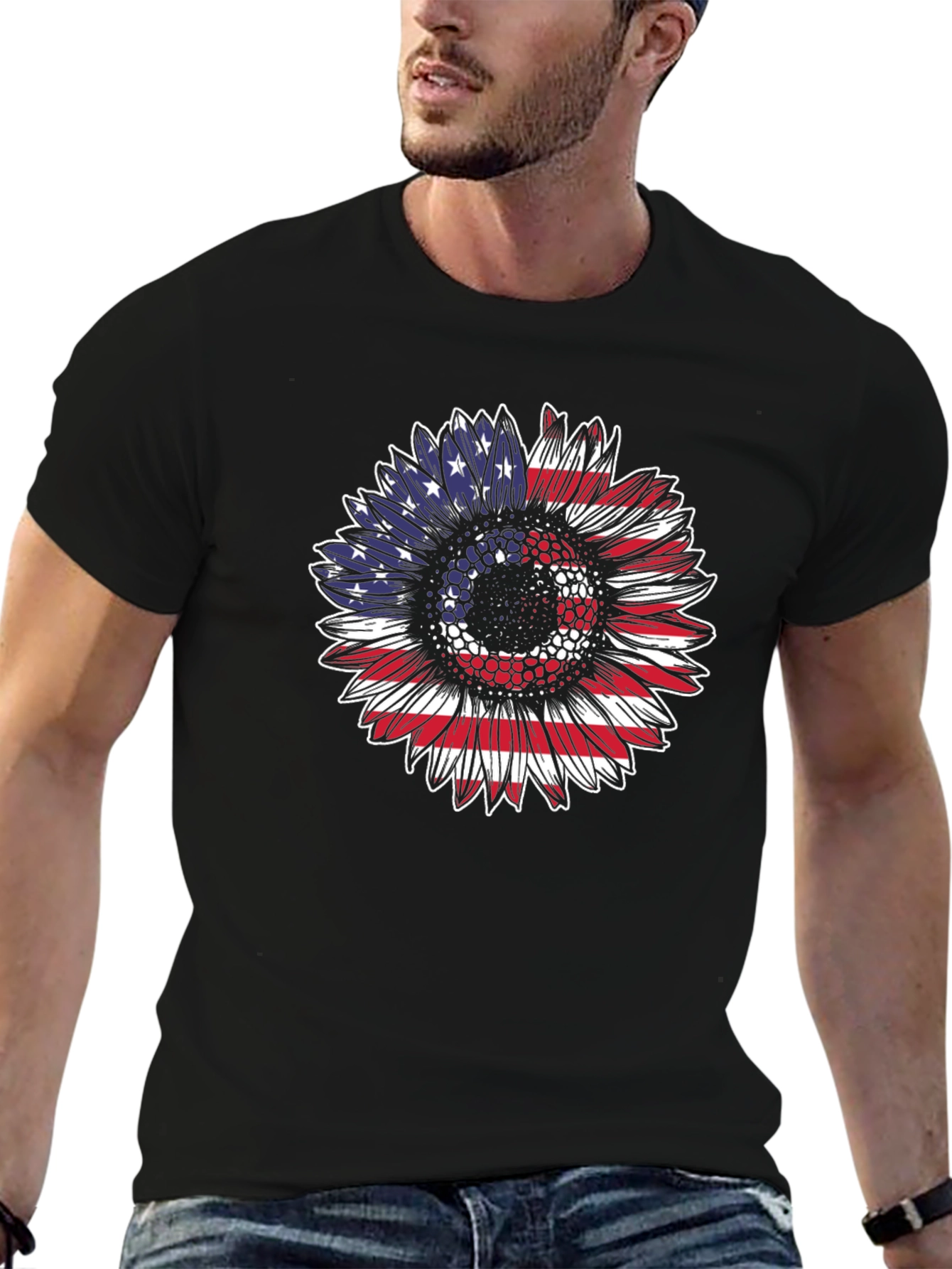 Patriotic Sunflower T-Shirt: USA Flag Design