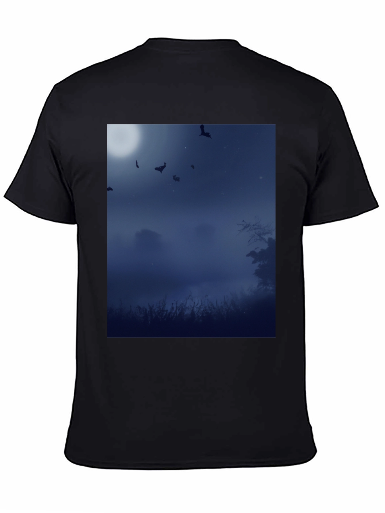 Moonlit Bats Black Tee - Spooky Night Scene