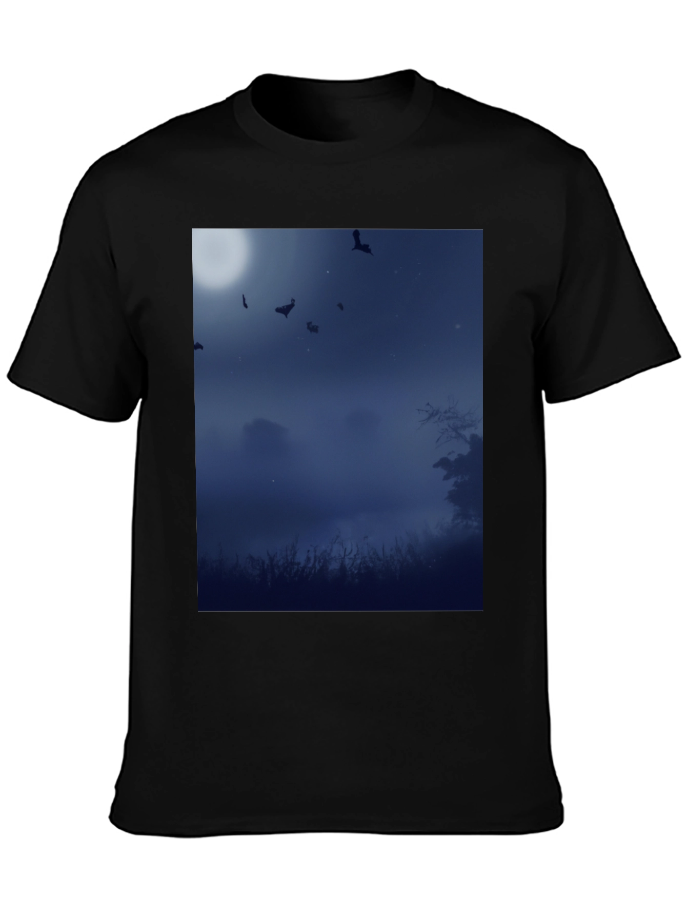 Moonlit Bats Black Tee - Spooky Night Scene