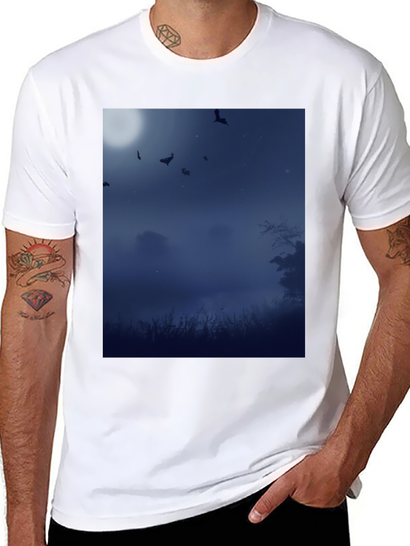 Moonlit Bats Black Tee - Spooky Night Scene