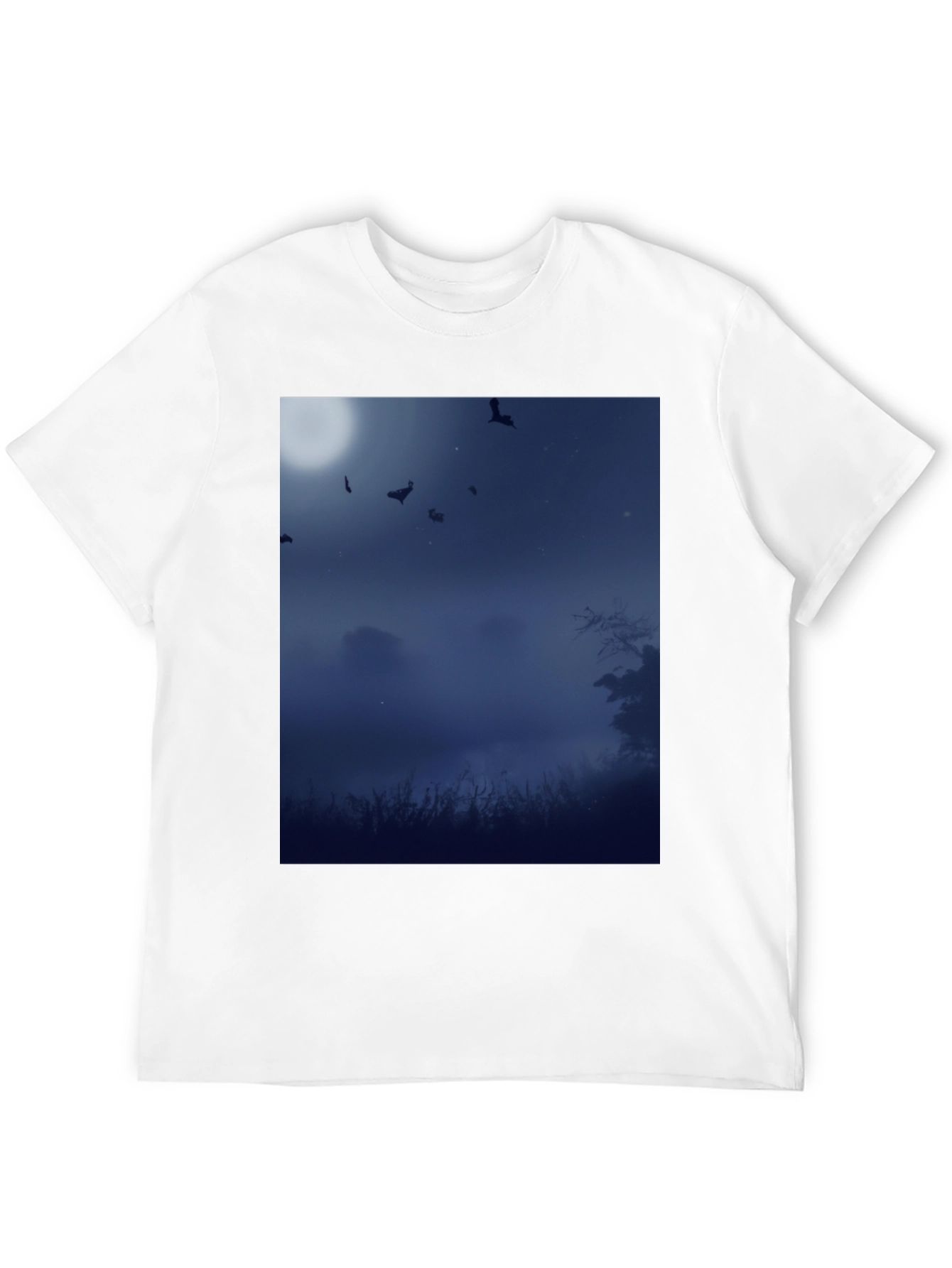 Moonlit Bats Black Tee - Spooky Night Scene