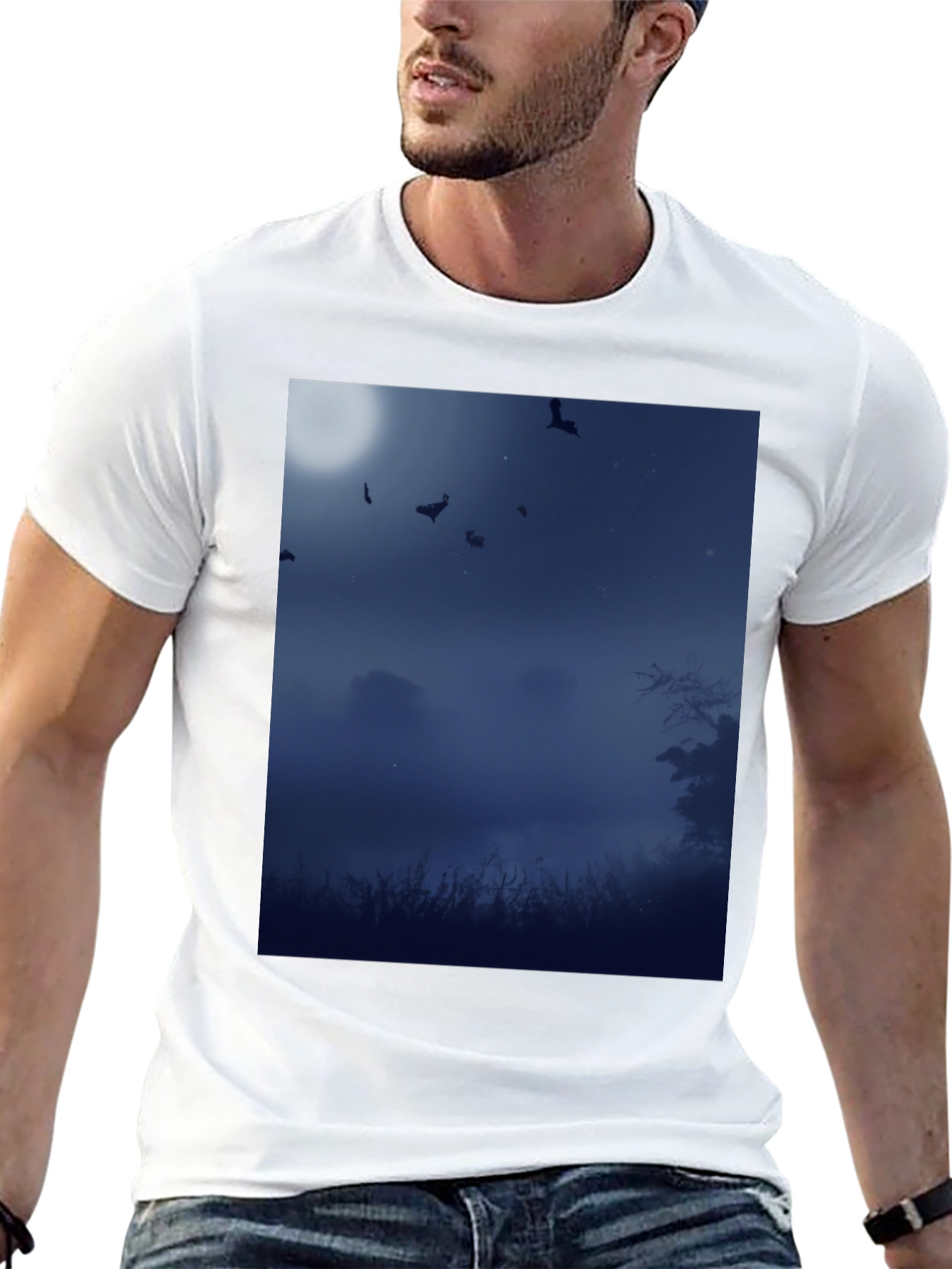 Moonlit Bats Black Tee - Spooky Night Scene