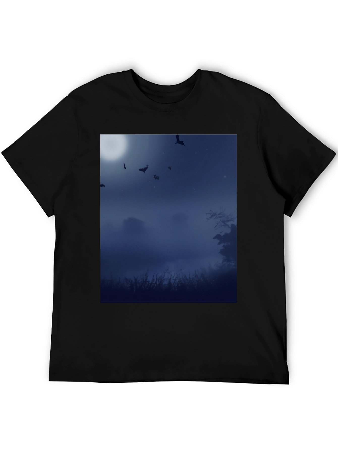 Moonlit Bats Black Tee - Spooky Night Scene