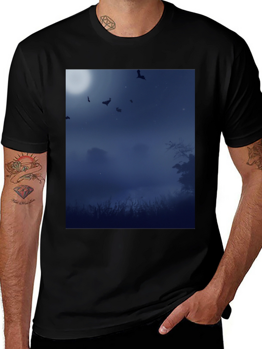 Moonlit Bats Black Tee - Spooky Night Scene