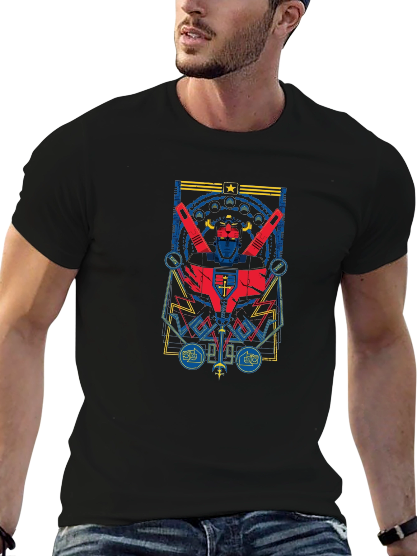 Retro Robot Graphic Print Black T-Shirt