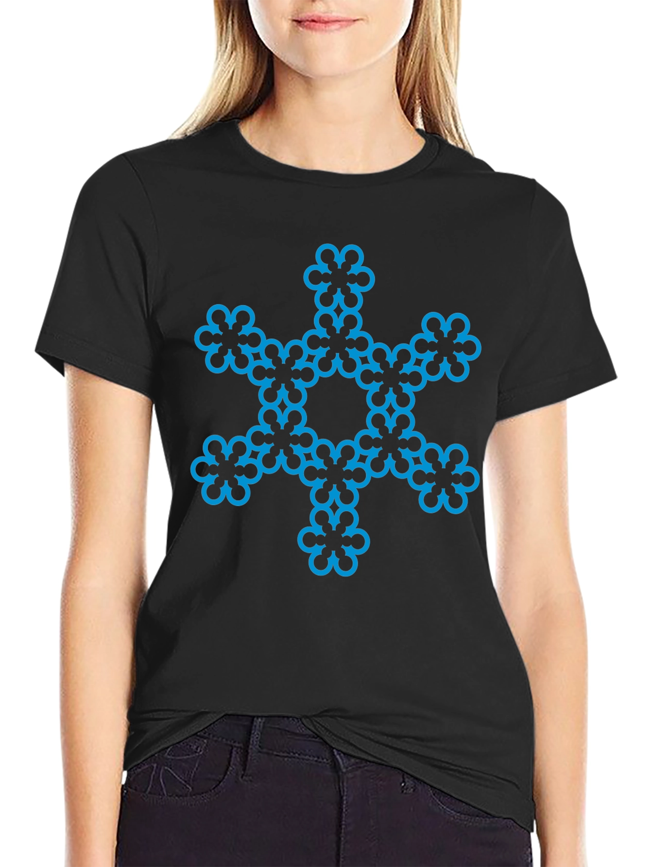Geometric Flower Tee - Stylish Black Cotton Blend