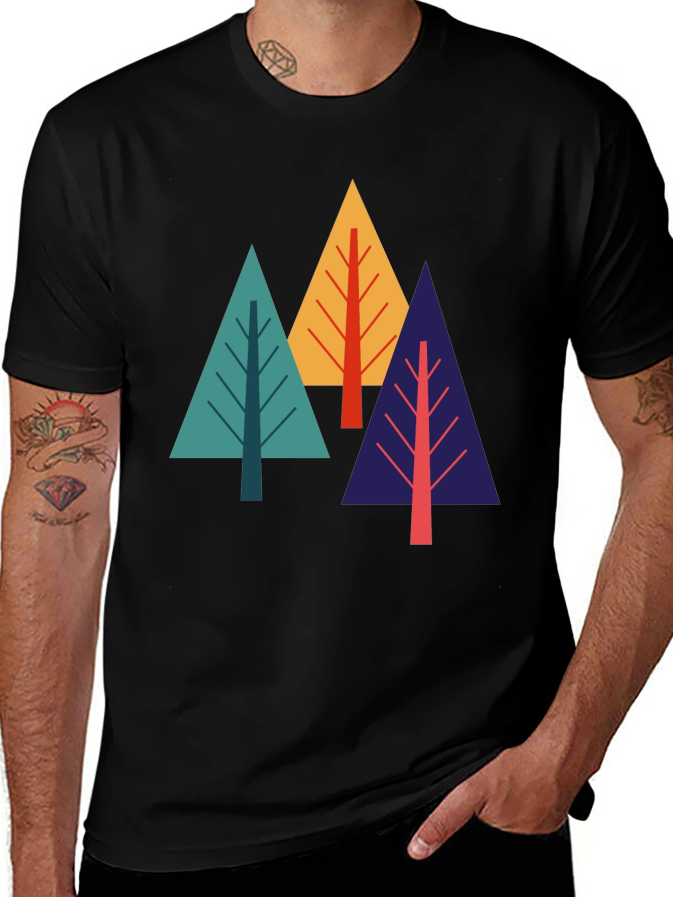 Geometric Tree Graphic Tee - Black Cotton Blend