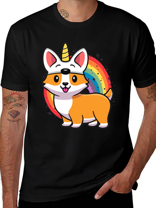 Unicorn Corgi Graphic Tee - Black Cotton T-Shirt