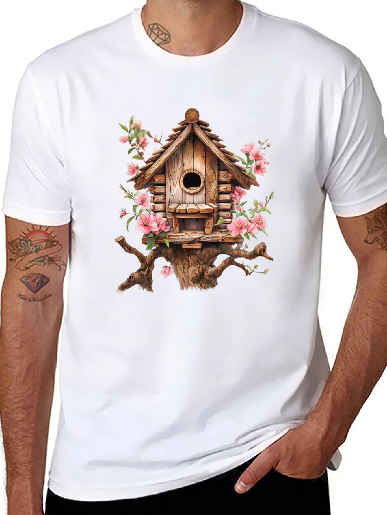 Floral Birdhouse Graphic Tee - Nature Lovers Shirt