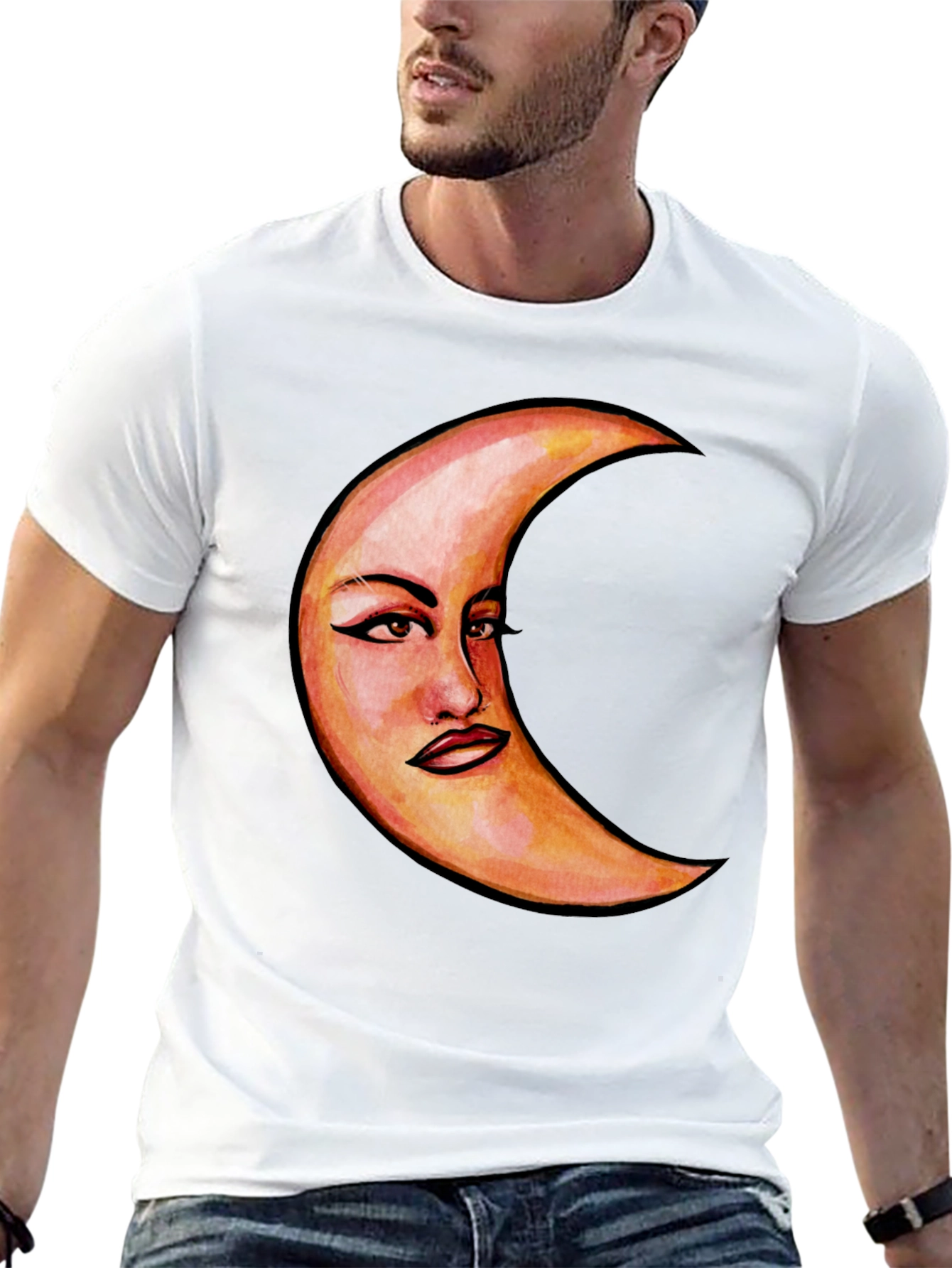 Crescent Moon Face Graphic T-Shirt - Unique Design