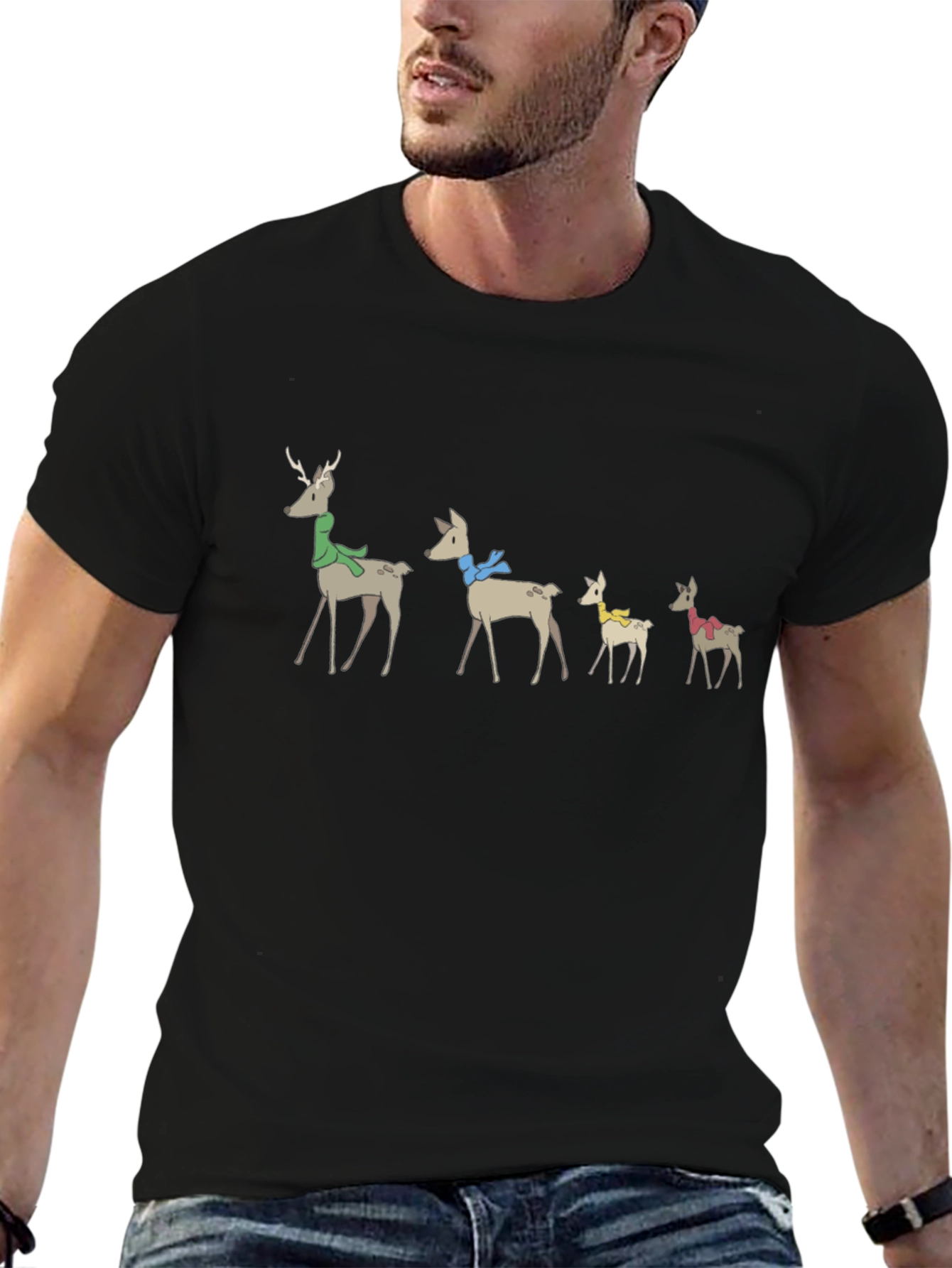 Holiday Deer Family Black T-Shirt