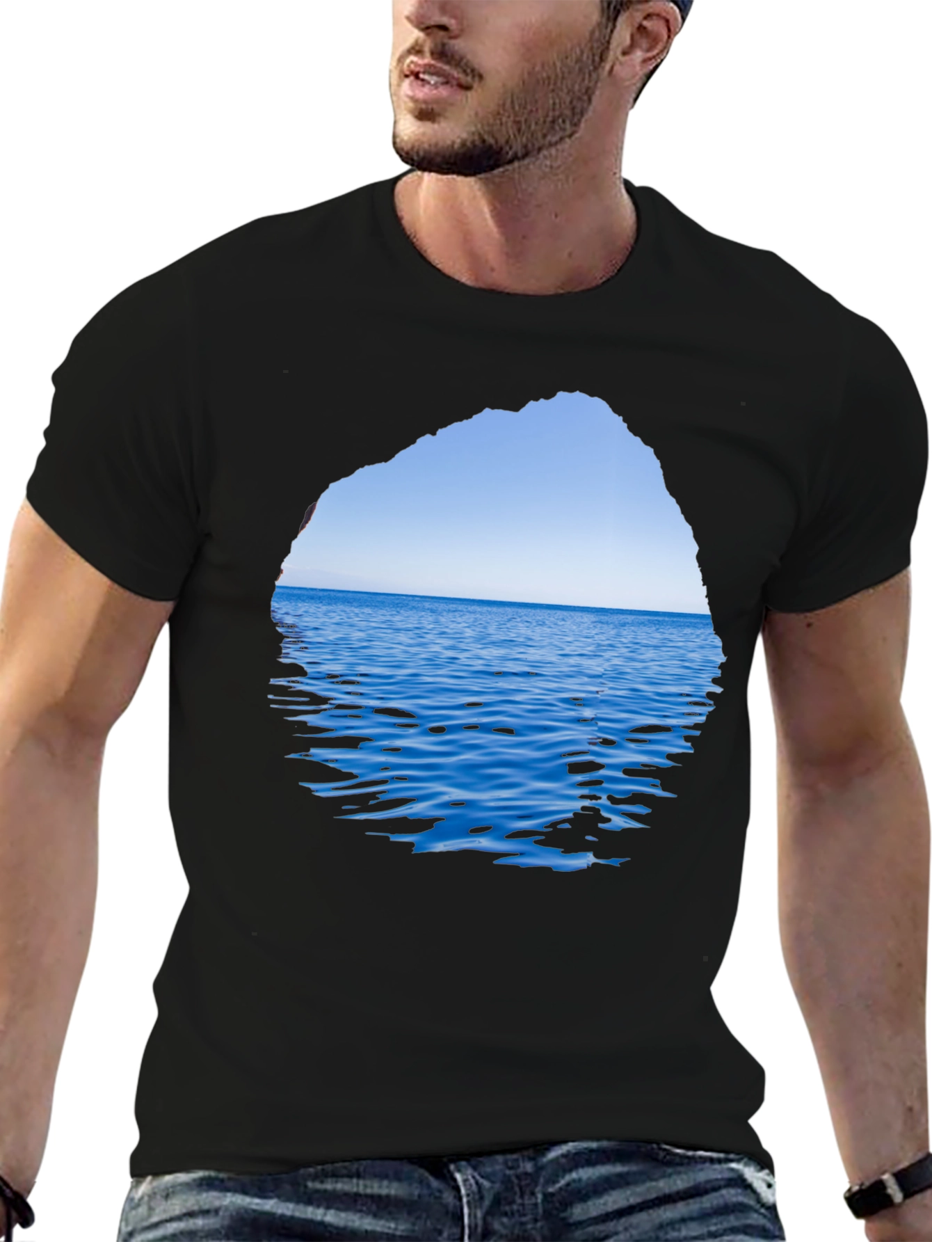 Ocean View Graphic Tee - Black Cotton T-Shirt