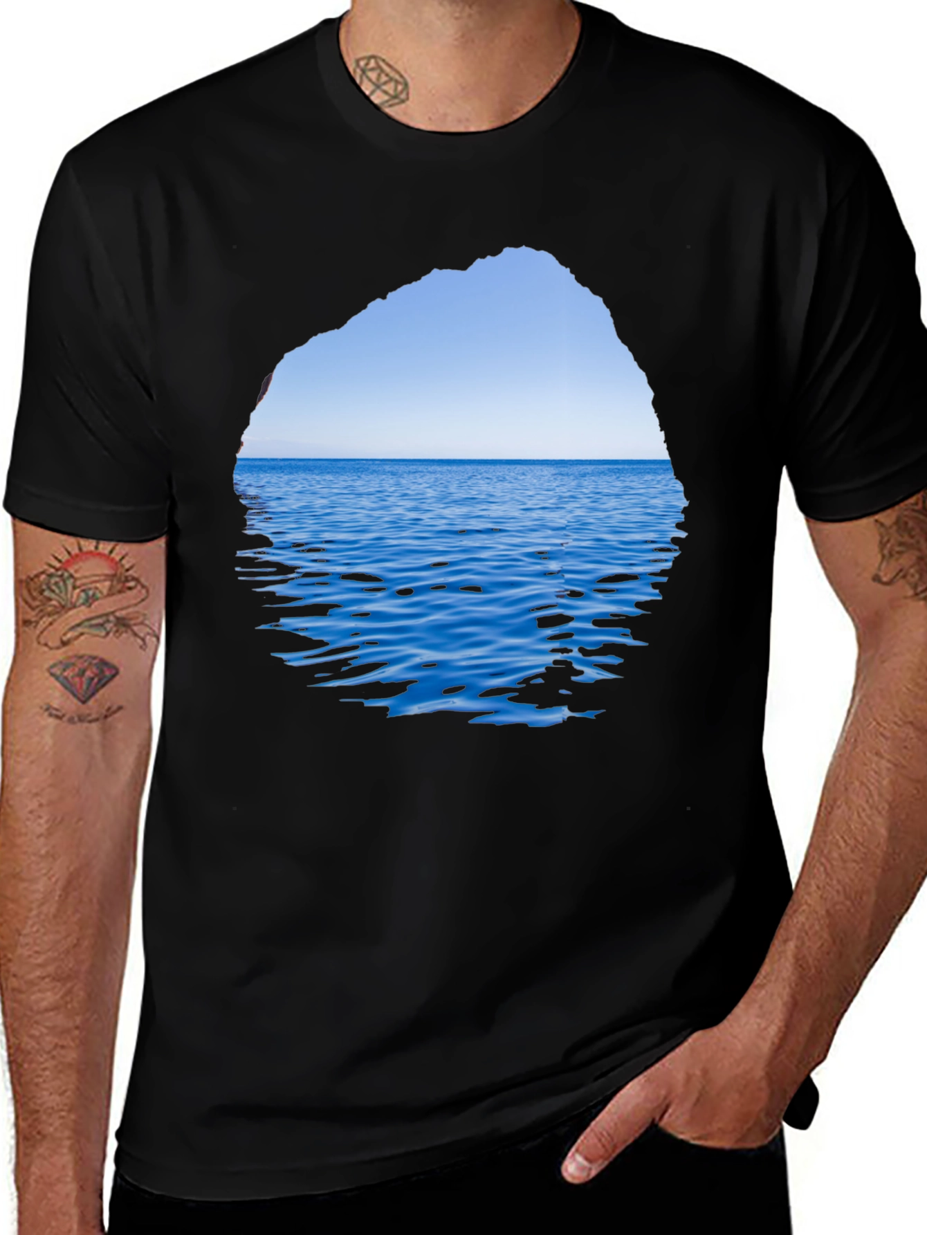 Ocean View Graphic Tee - Black Cotton T-Shirt