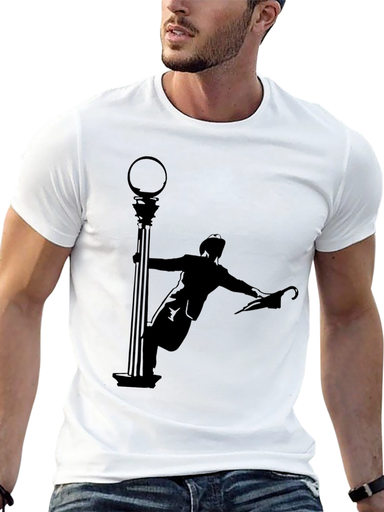 Silhouette Man Dancing in the Rain Black T-Shirt
