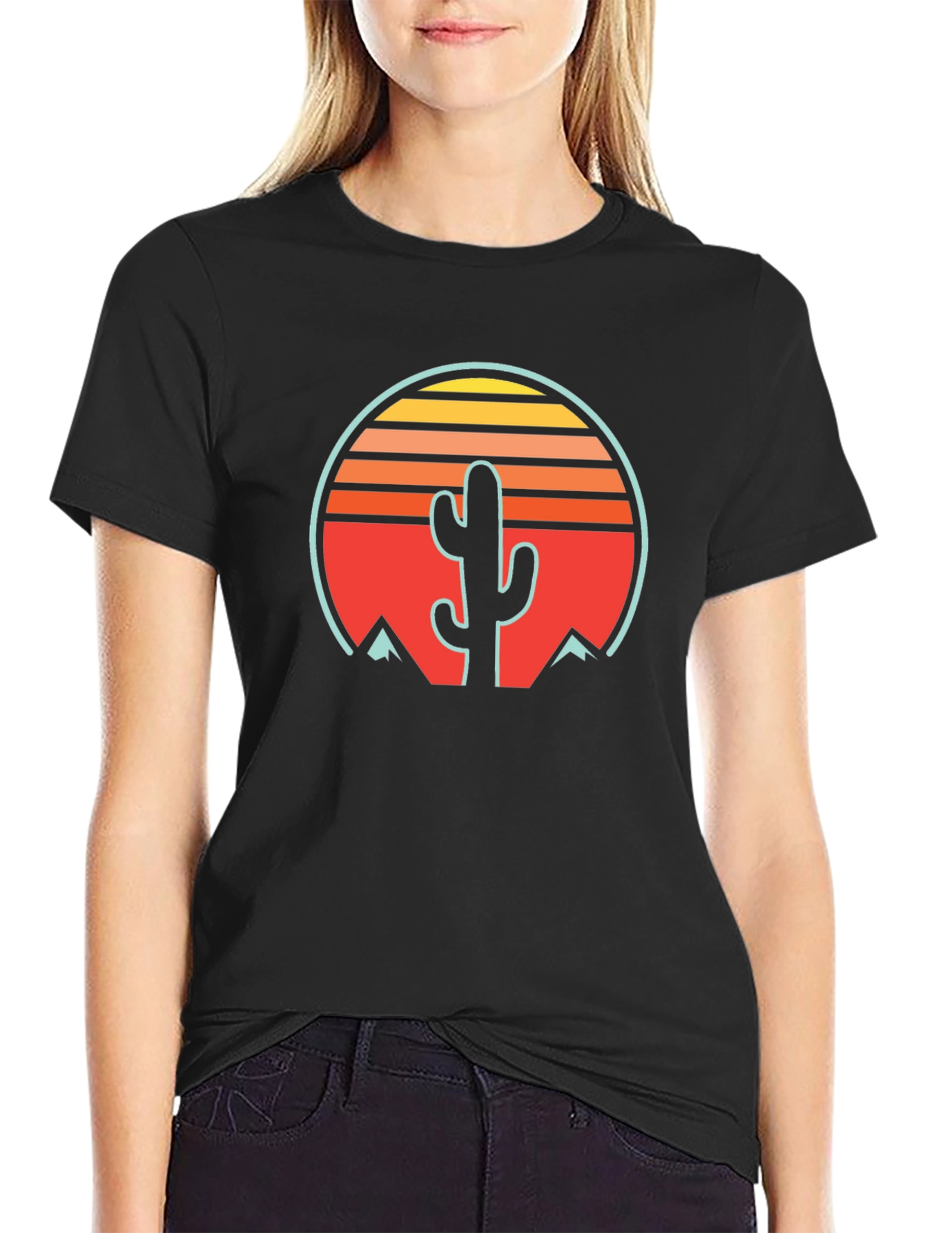 Retro Cactus Sunset Graphic Tee - Black Cotton Blend