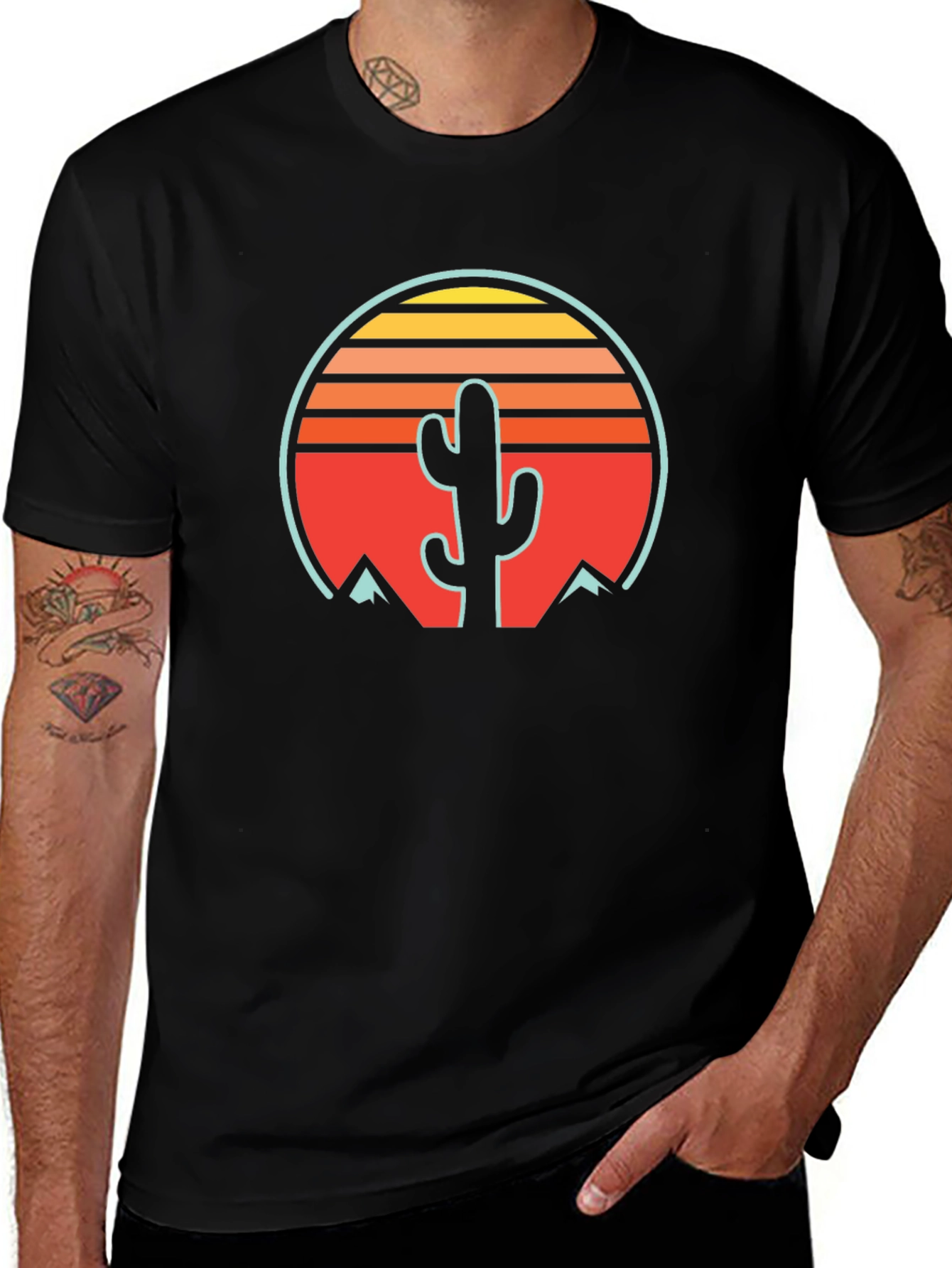 Retro Cactus Sunset Graphic Tee - Black Cotton Blend