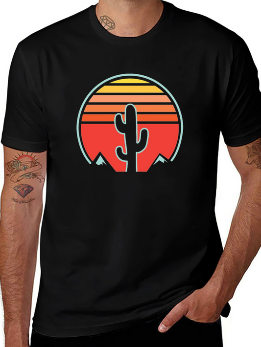 Retro Cactus Sunset Graphic Tee - Black Cotton Blend
