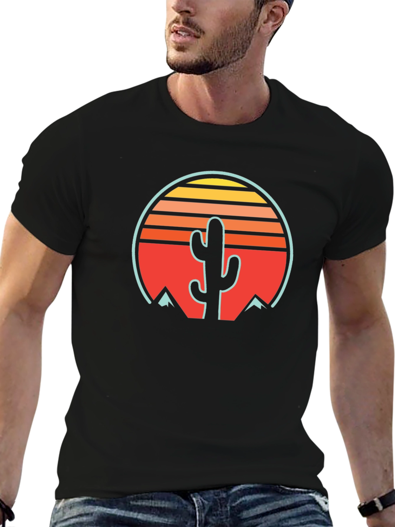 Retro Cactus Sunset Graphic Tee - Black Cotton Blend