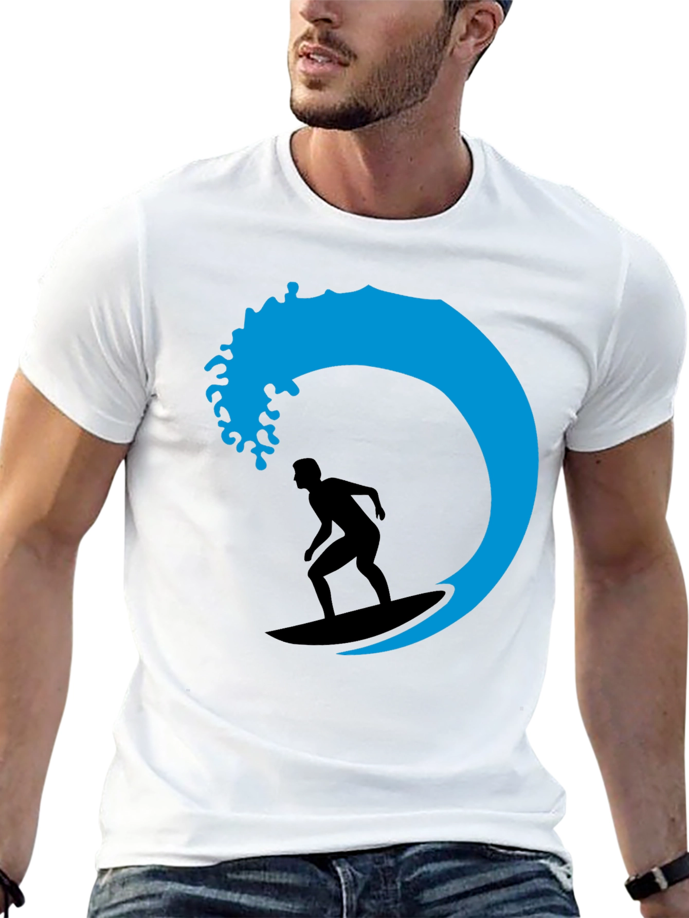 Surfer Wave Graphic Tee - Black Cotton T-Shirt
