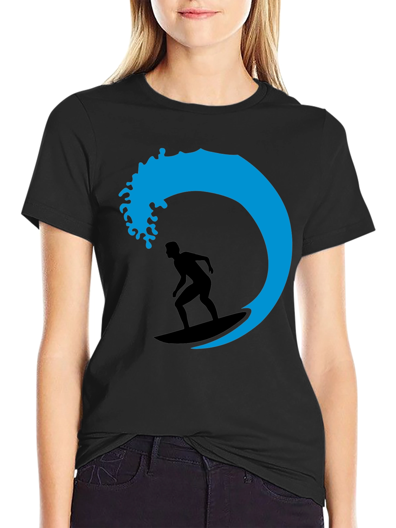 Surfer Wave Graphic Tee - Black Cotton T-Shirt