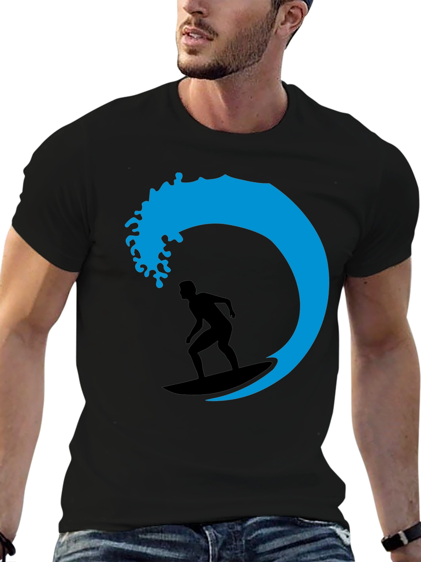 Surfer Wave Graphic Tee - Black Cotton T-Shirt