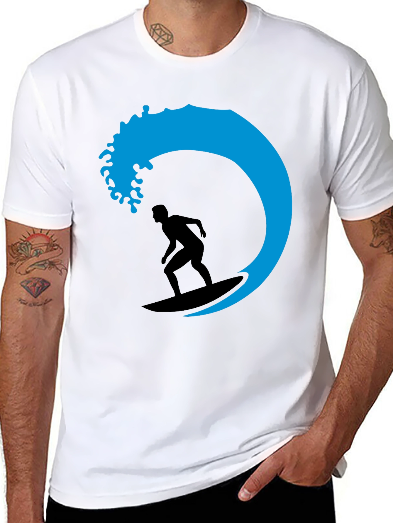 Surfer Wave Graphic Tee - Black Cotton T-Shirt
