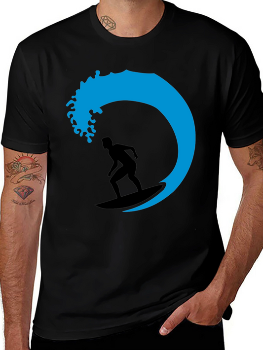 Surfer Wave Graphic Tee - Black Cotton T-Shirt