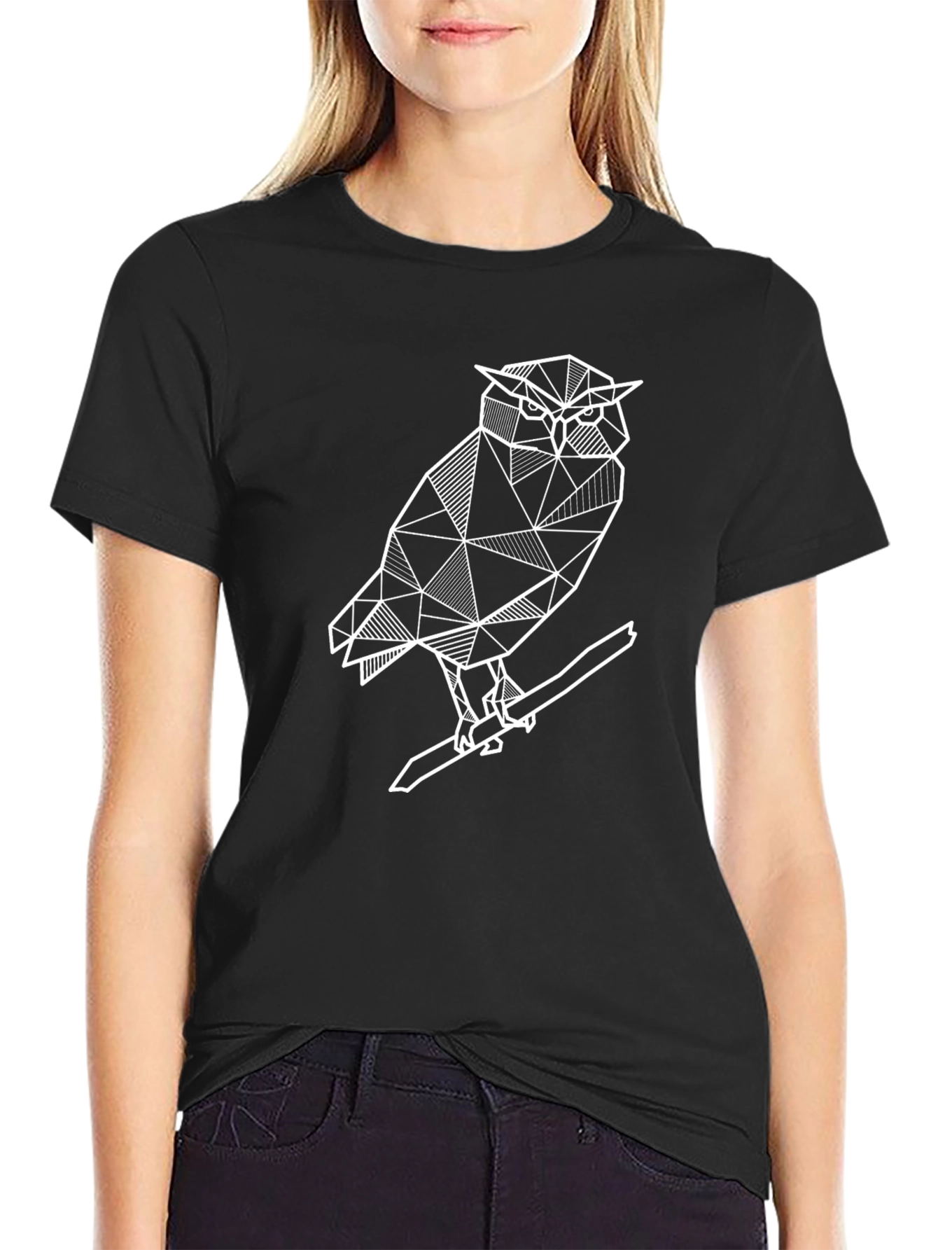Geometric Owl Graphic Tee - Modern Mens Black T-Shirt