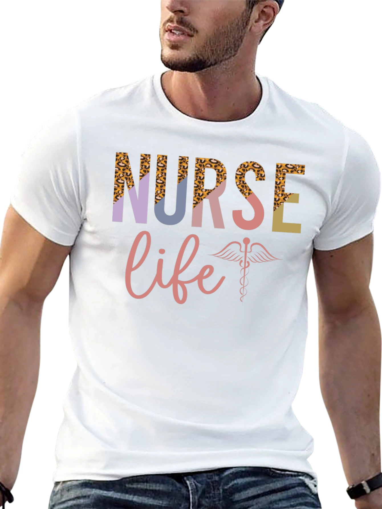 Nurse Life T-Shirt - Leopard Print & Caduceus Design
