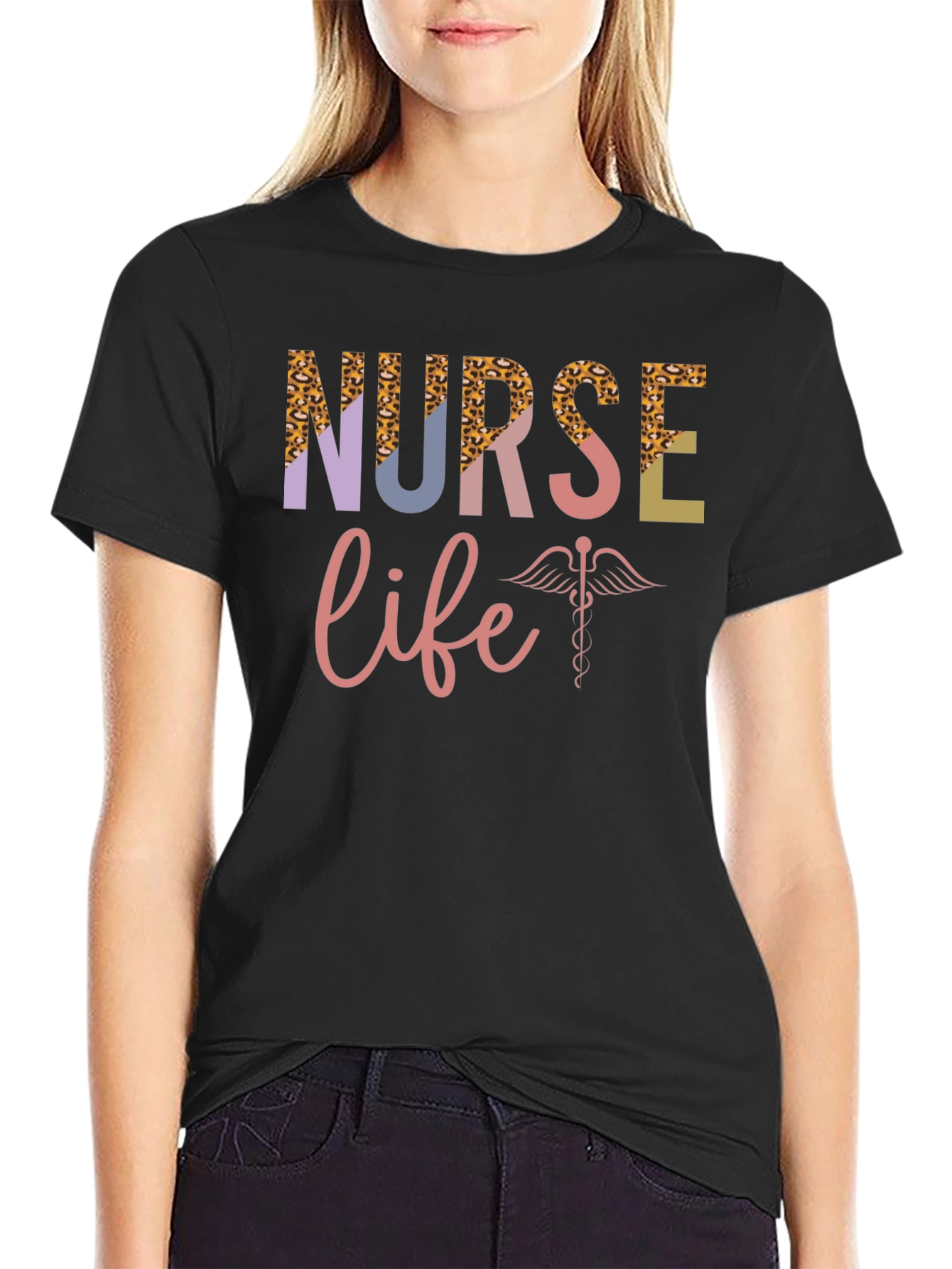 Nurse Life T-Shirt - Leopard Print & Caduceus Design