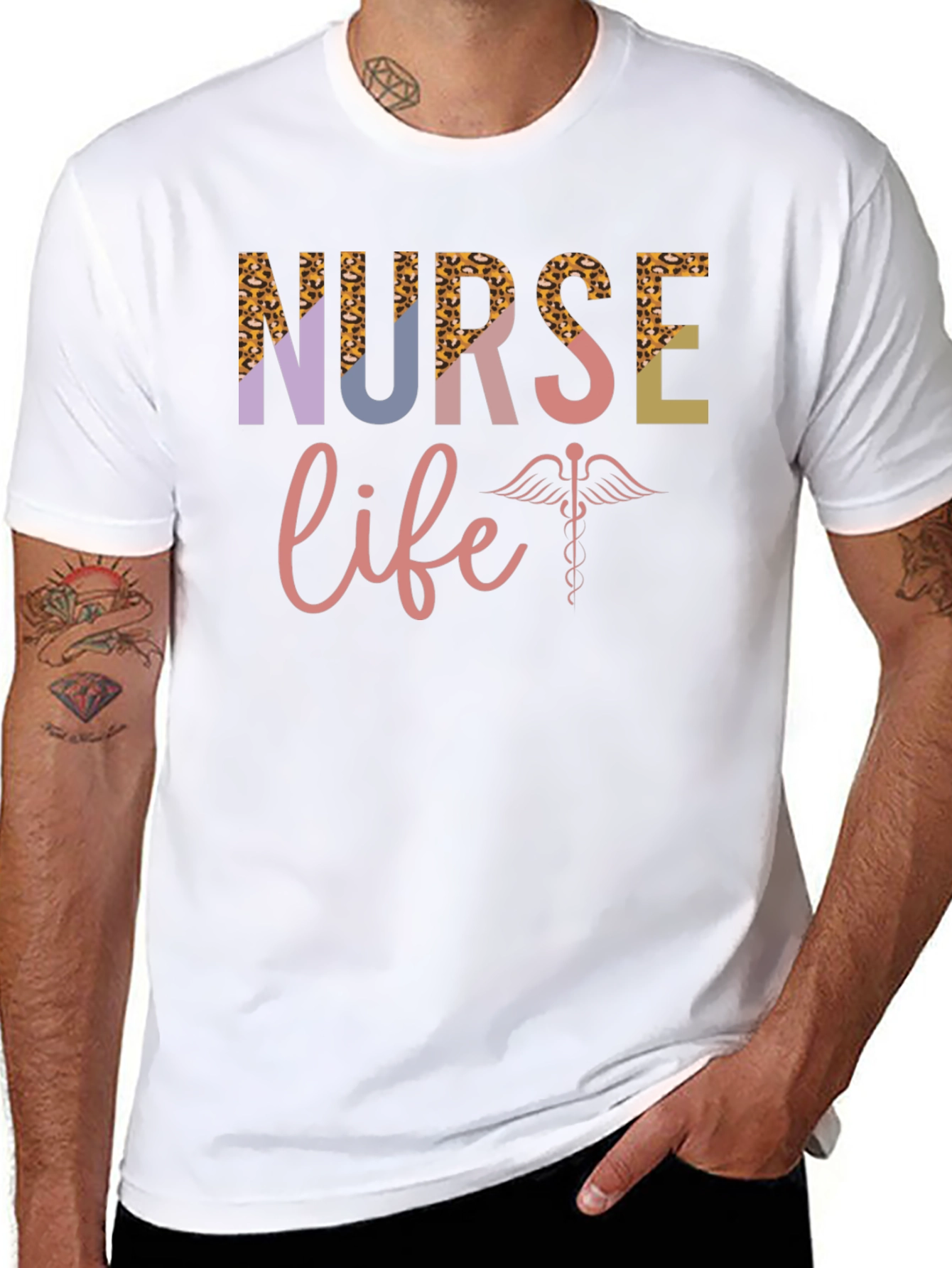 Nurse Life T-Shirt - Leopard Print & Caduceus Design