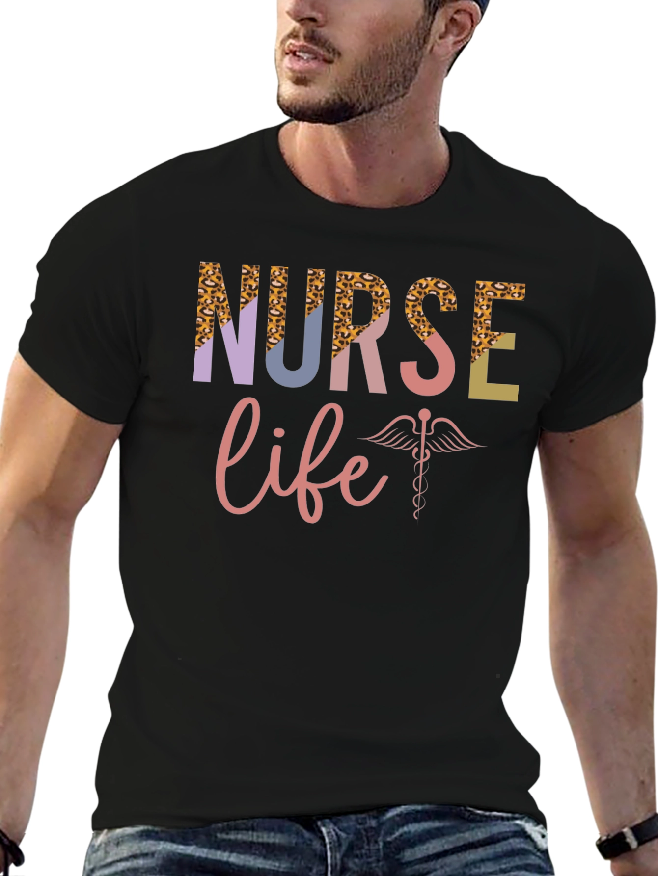 Nurse Life T-Shirt - Leopard Print & Caduceus Design
