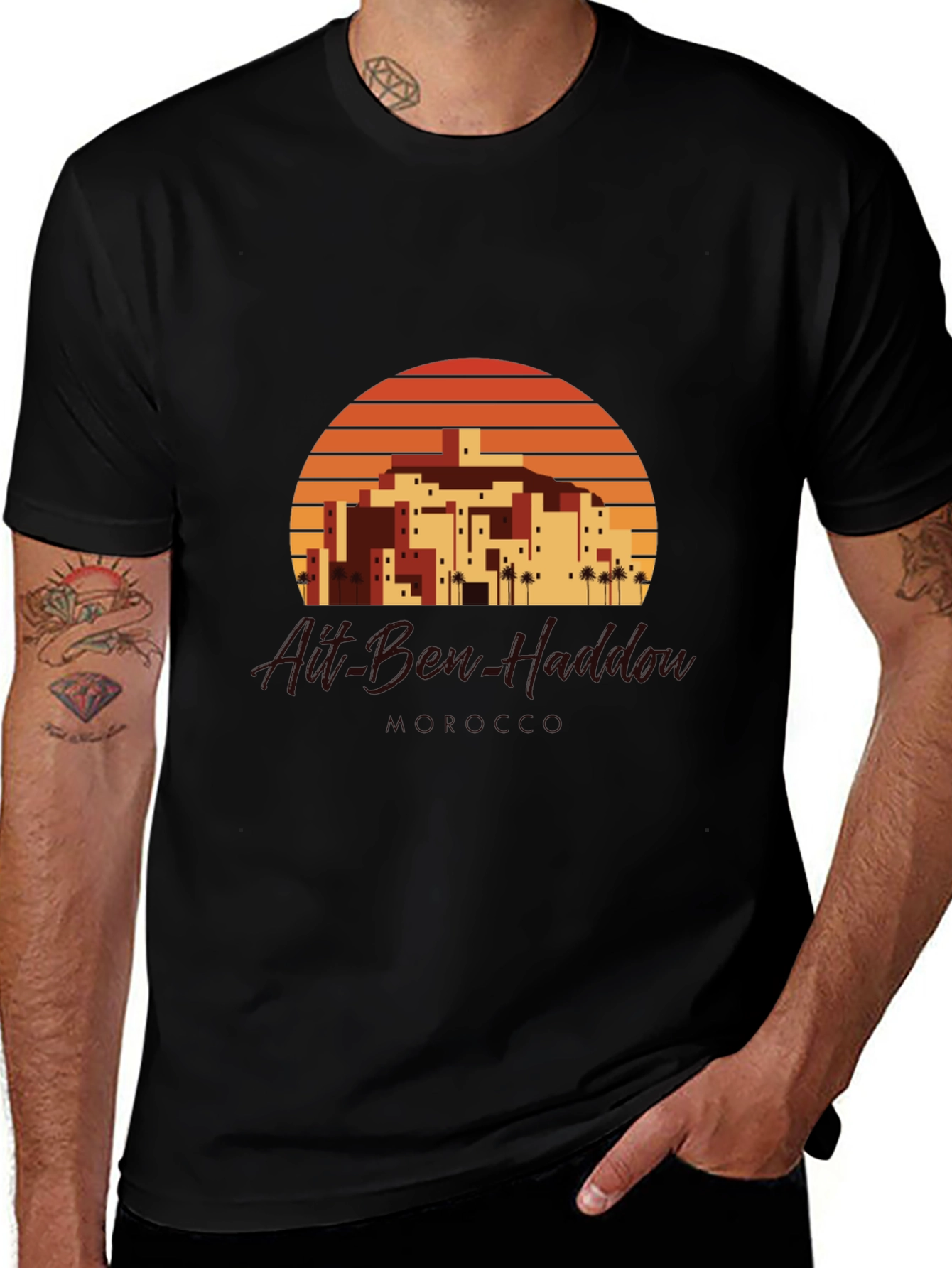 Retro Sunset Village Graphic Tee - Black
