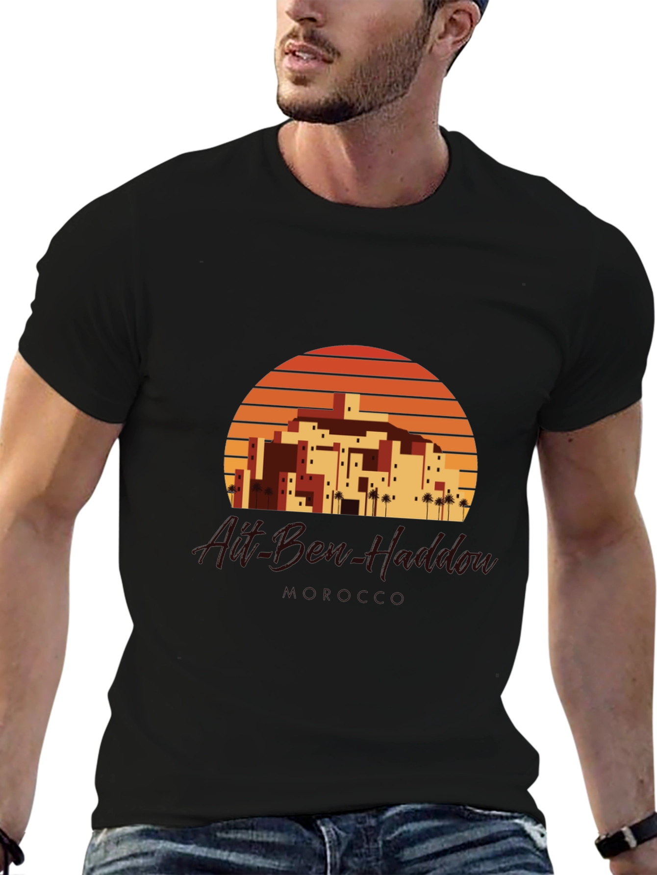 Retro Sunset Village Graphic Tee - Black
