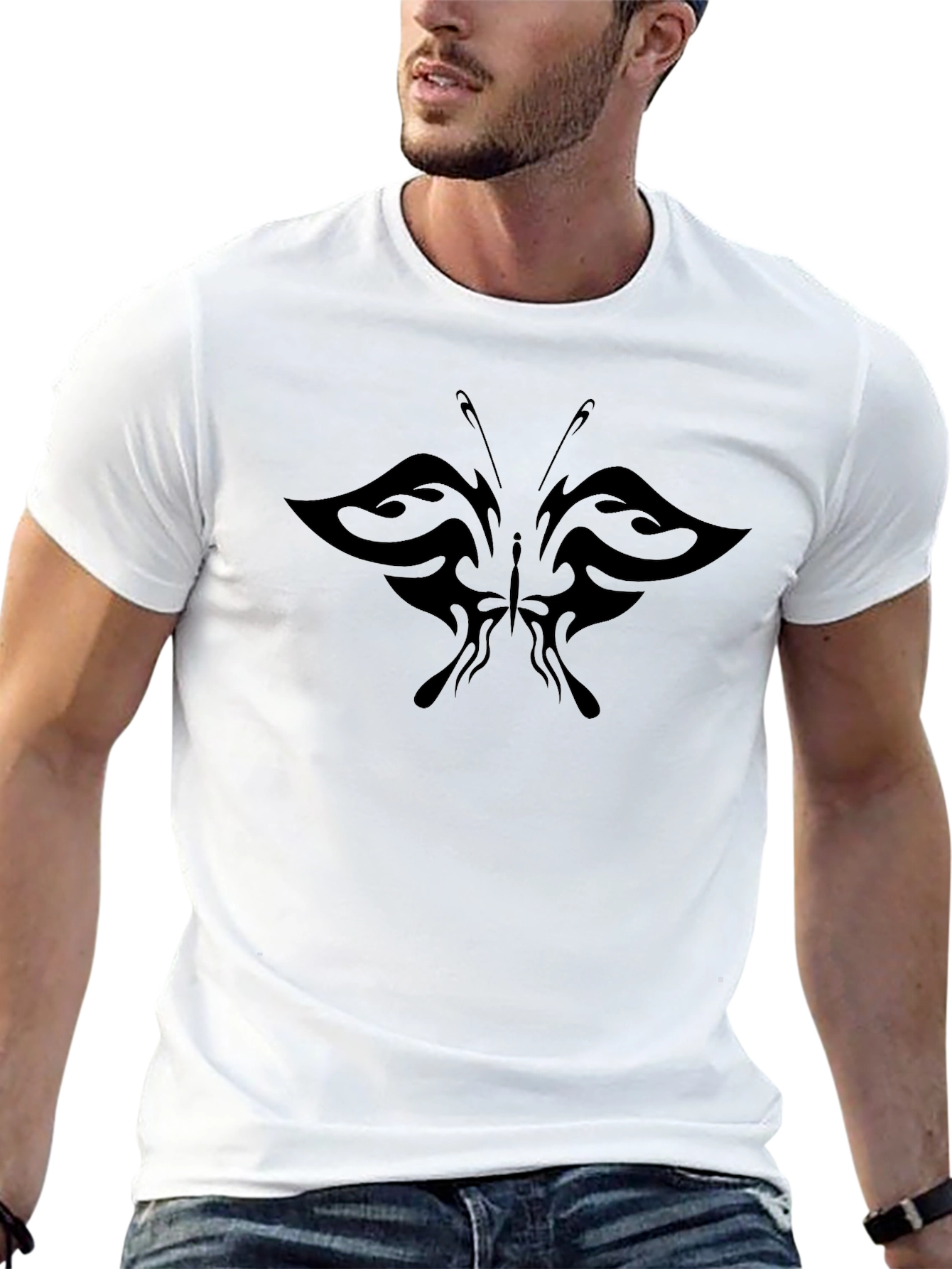 Mens Black T-Shirt with Tribal Butterfly Design