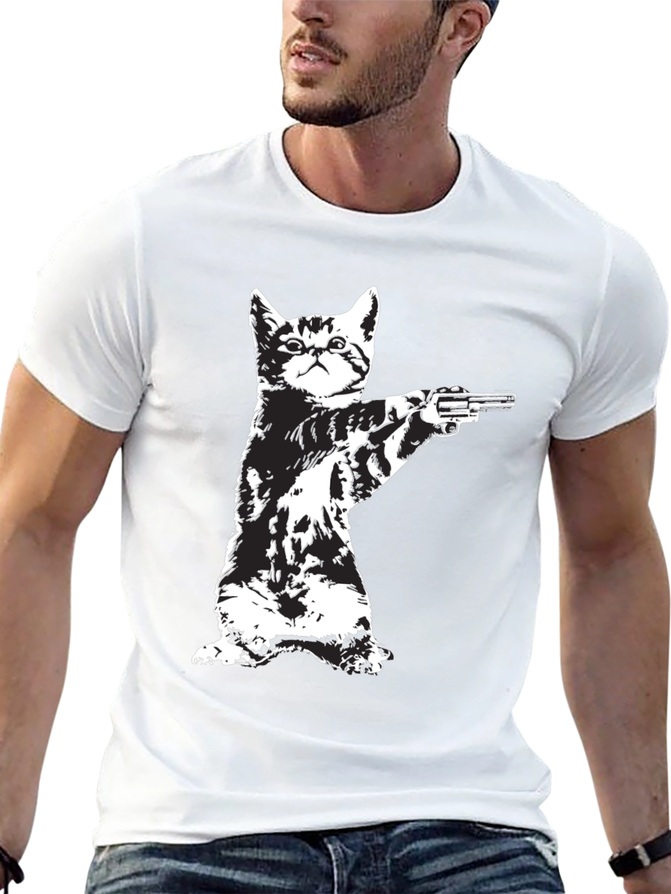 Cat with Gun Graphic T-Shirt