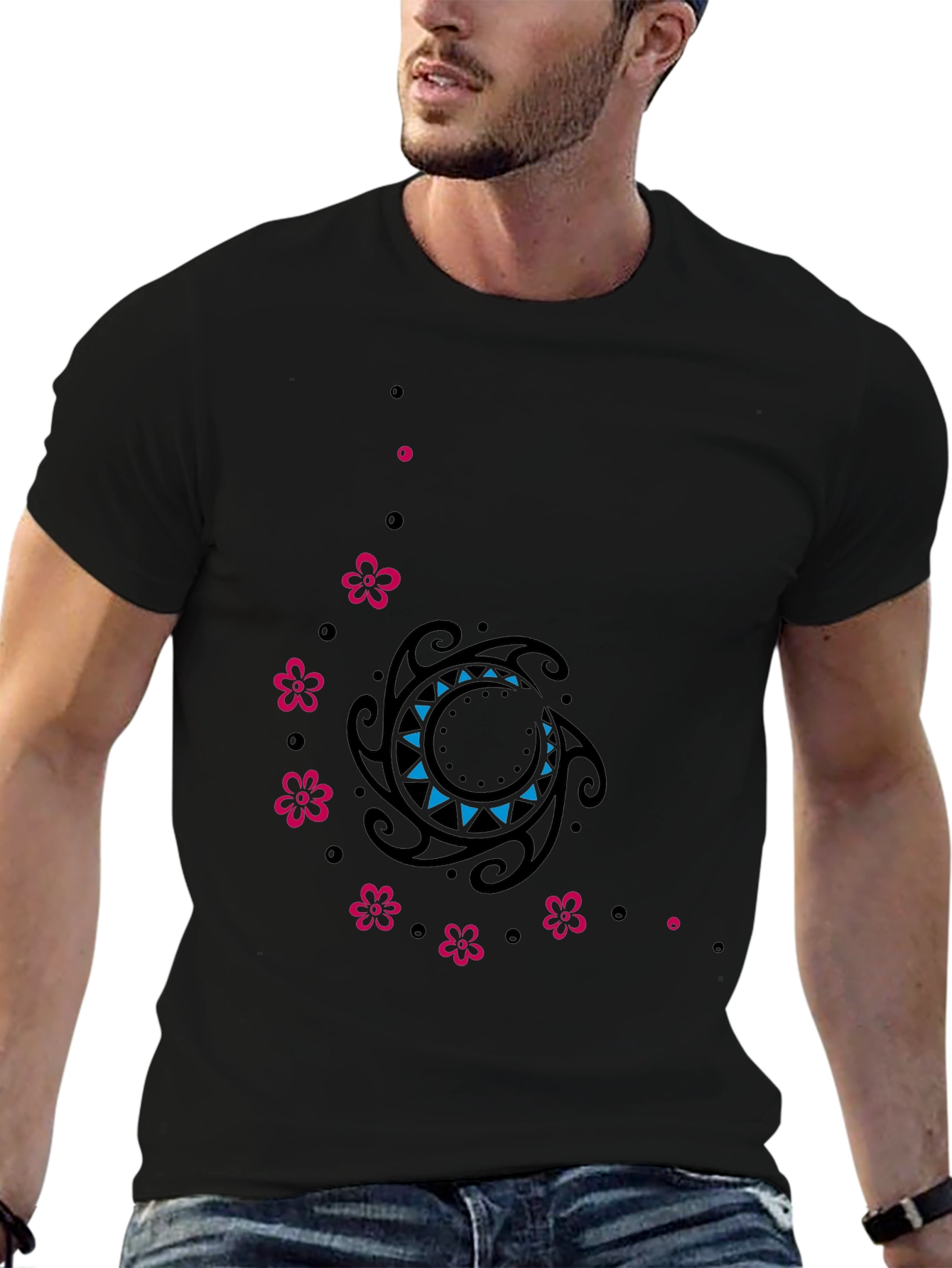 Stylish Black Tee with Floral & Tribal Design