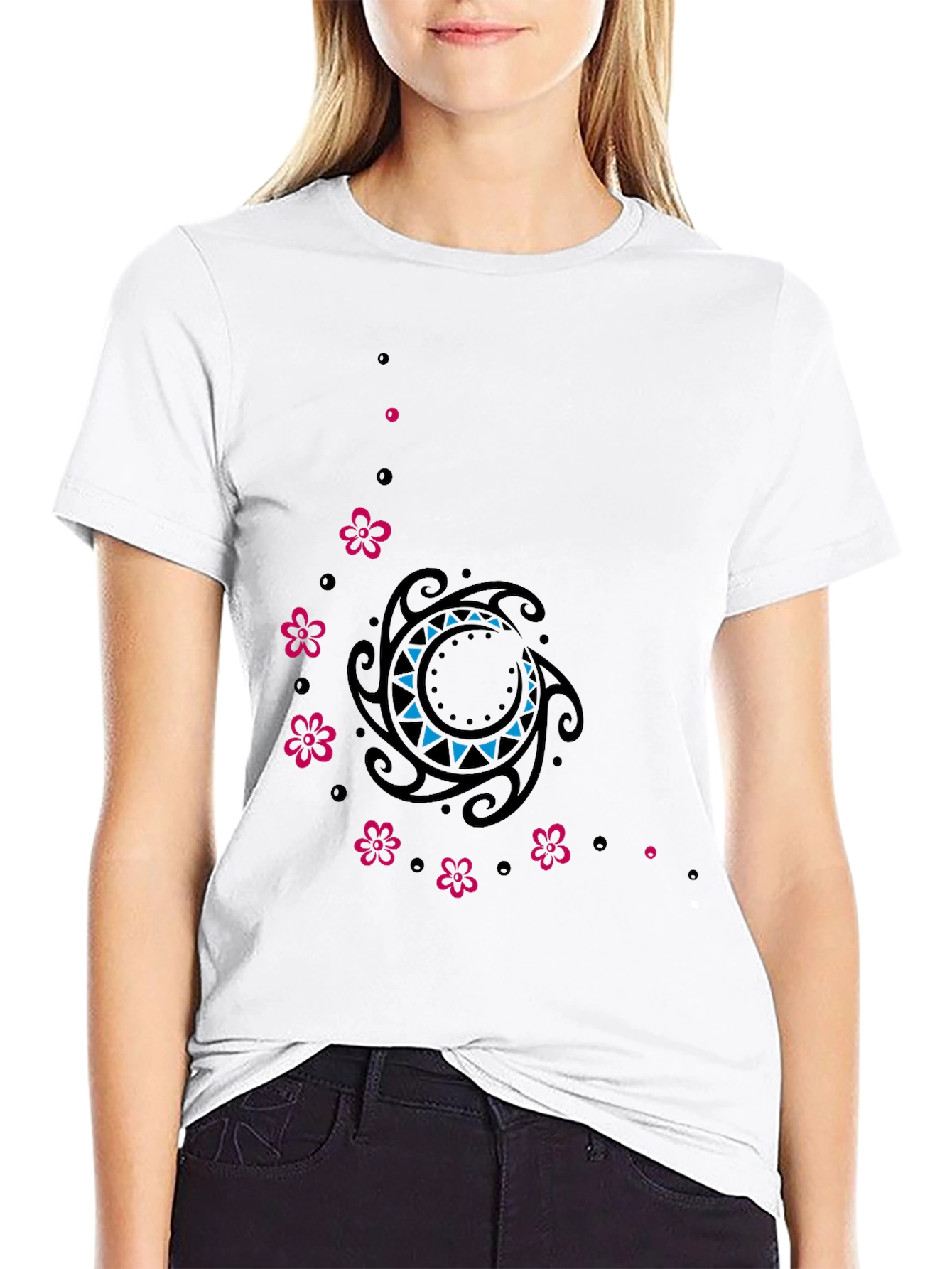 Stylish Black Tee with Floral & Tribal Design