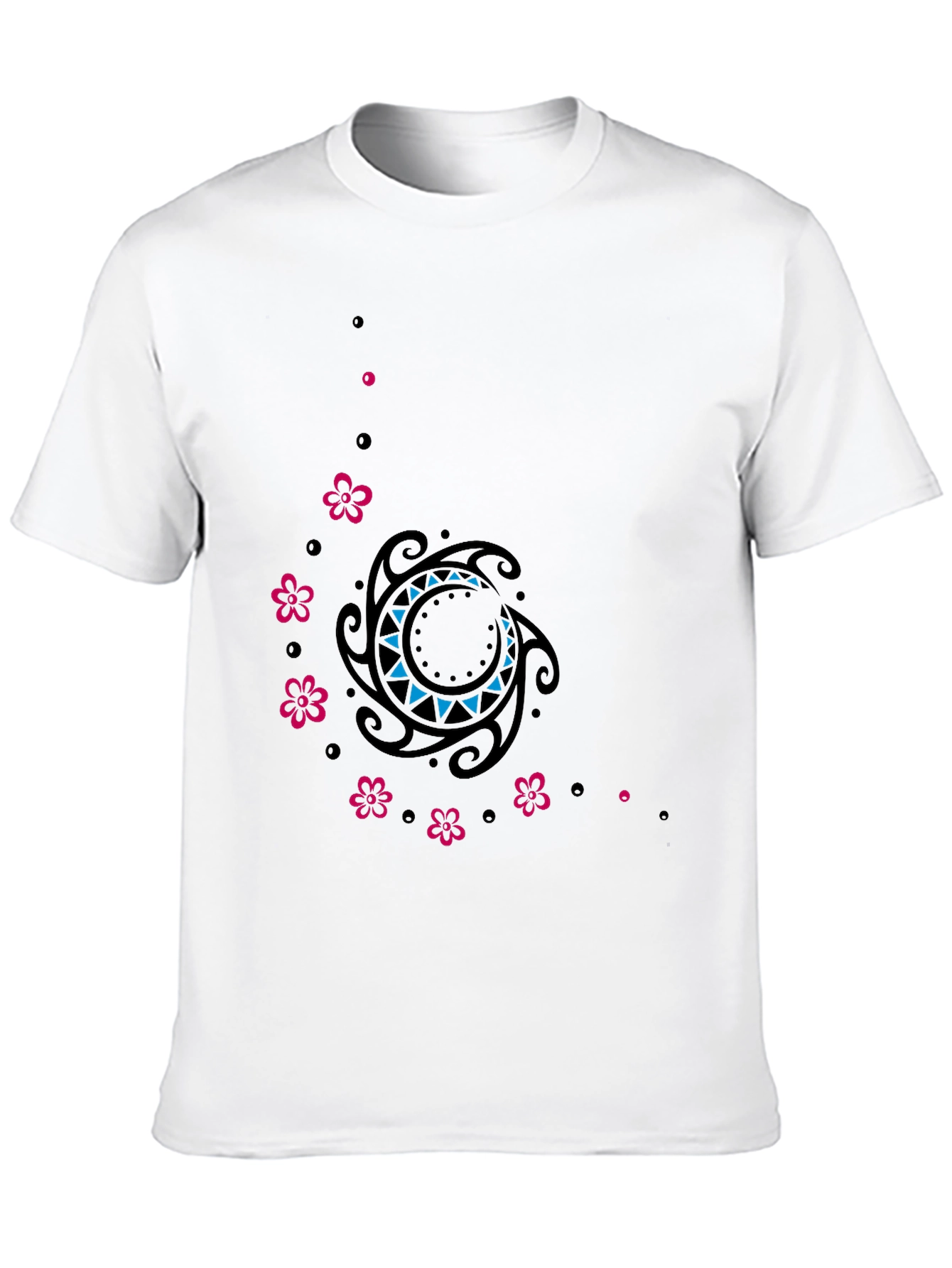 Stylish Black Tee with Floral & Tribal Design