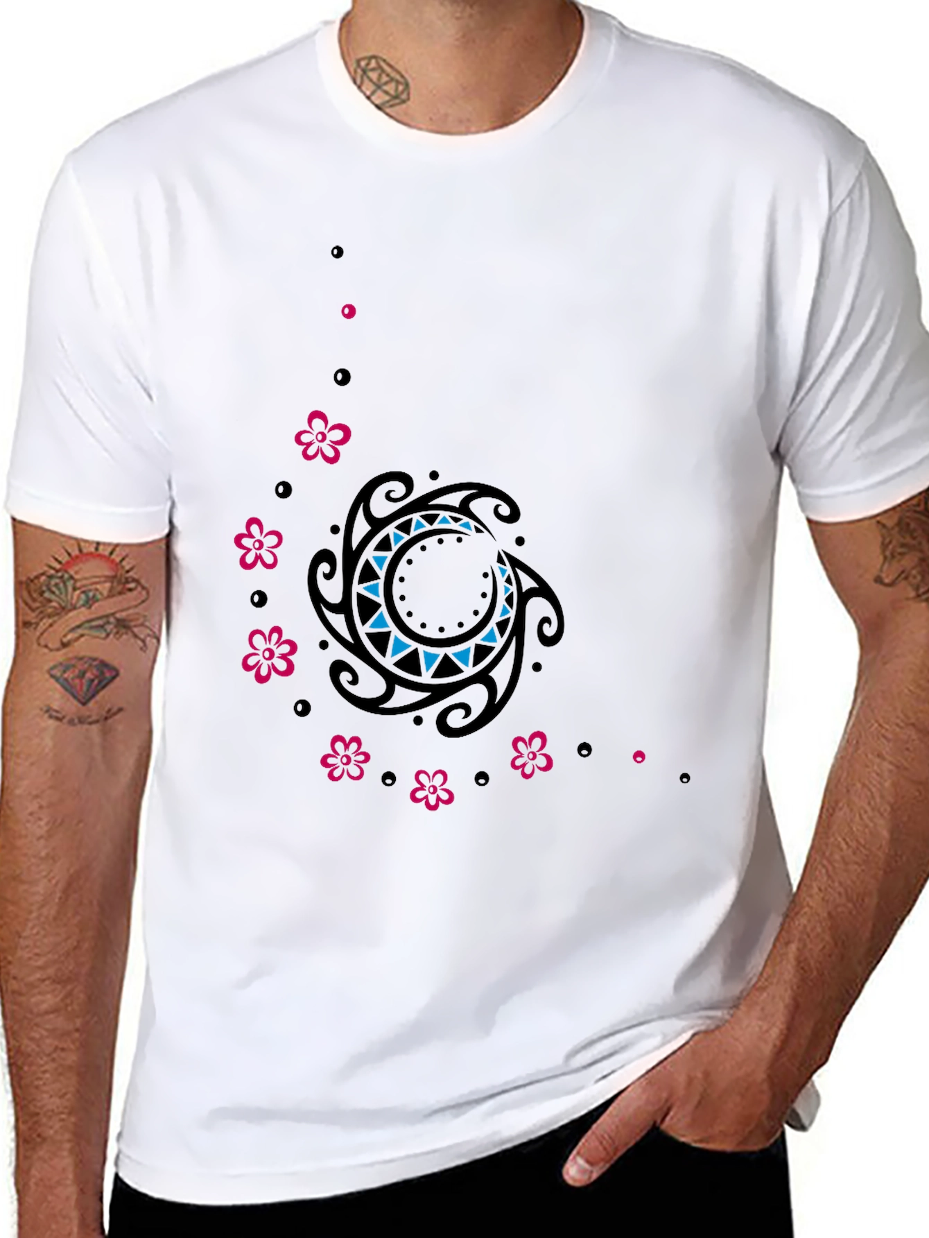 Stylish Black Tee with Floral & Tribal Design