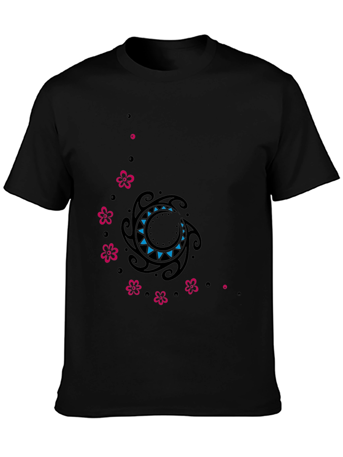 Stylish Black Tee with Floral & Tribal Design