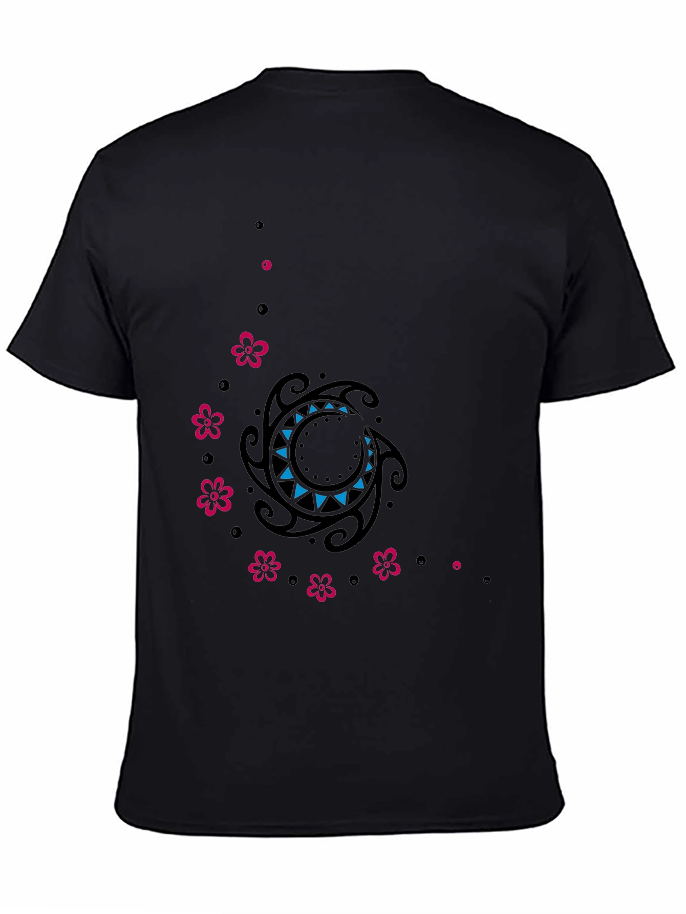 Stylish Black Tee with Floral & Tribal Design