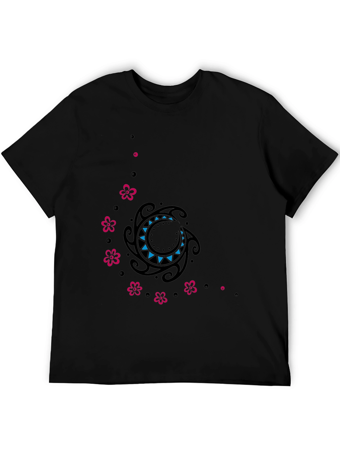 Stylish Black Tee with Floral & Tribal Design
