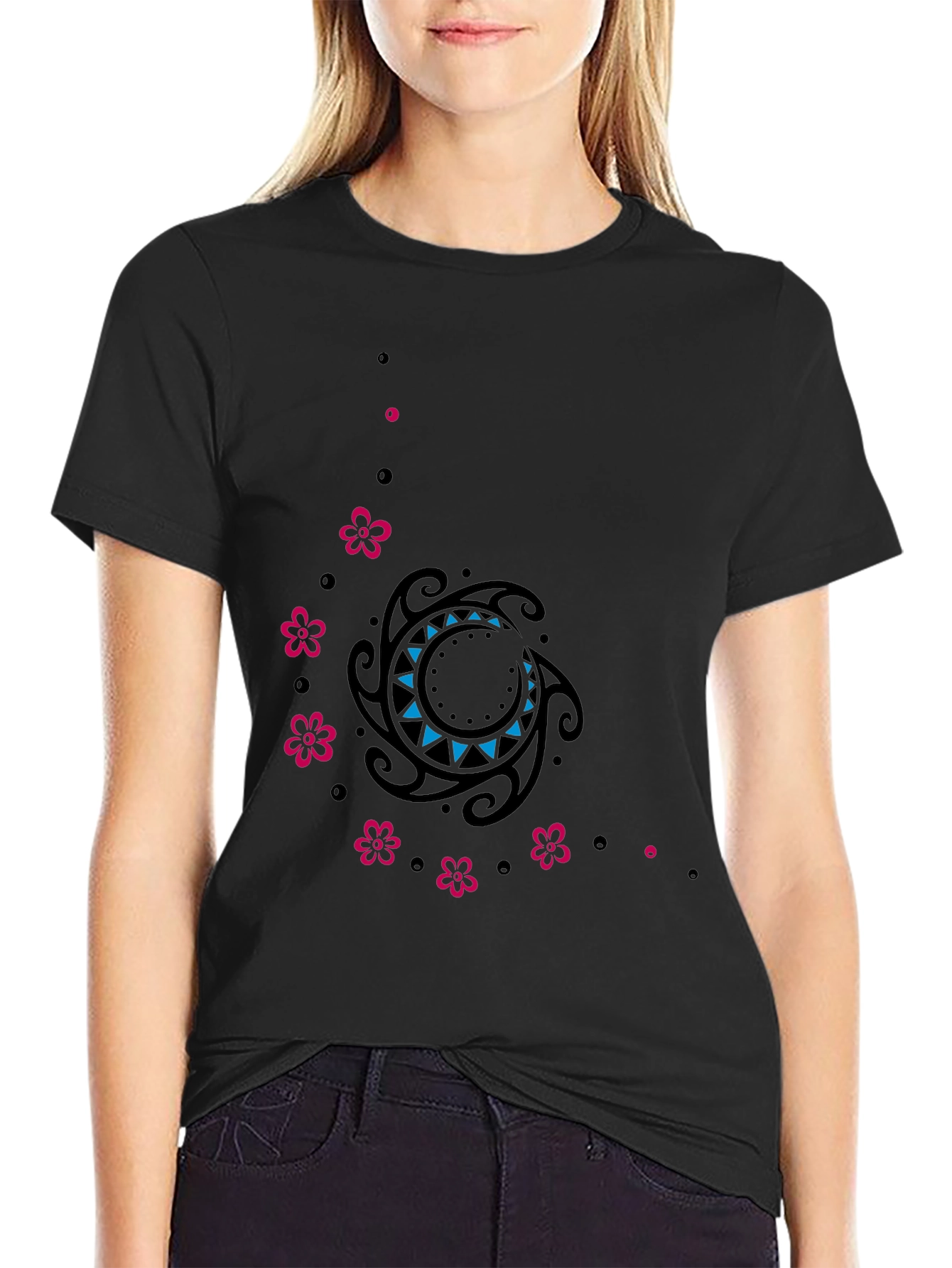 Stylish Black Tee with Floral & Tribal Design
