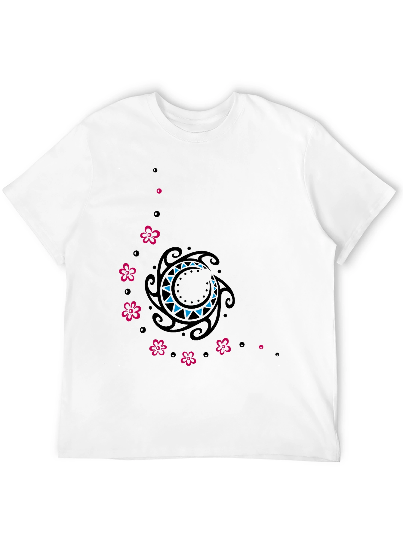 Stylish Black Tee with Floral & Tribal Design