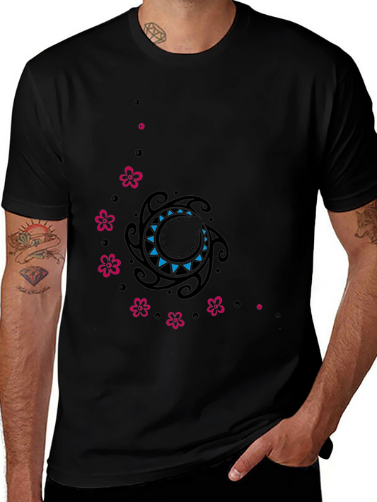Stylish Black Tee with Floral & Tribal Design