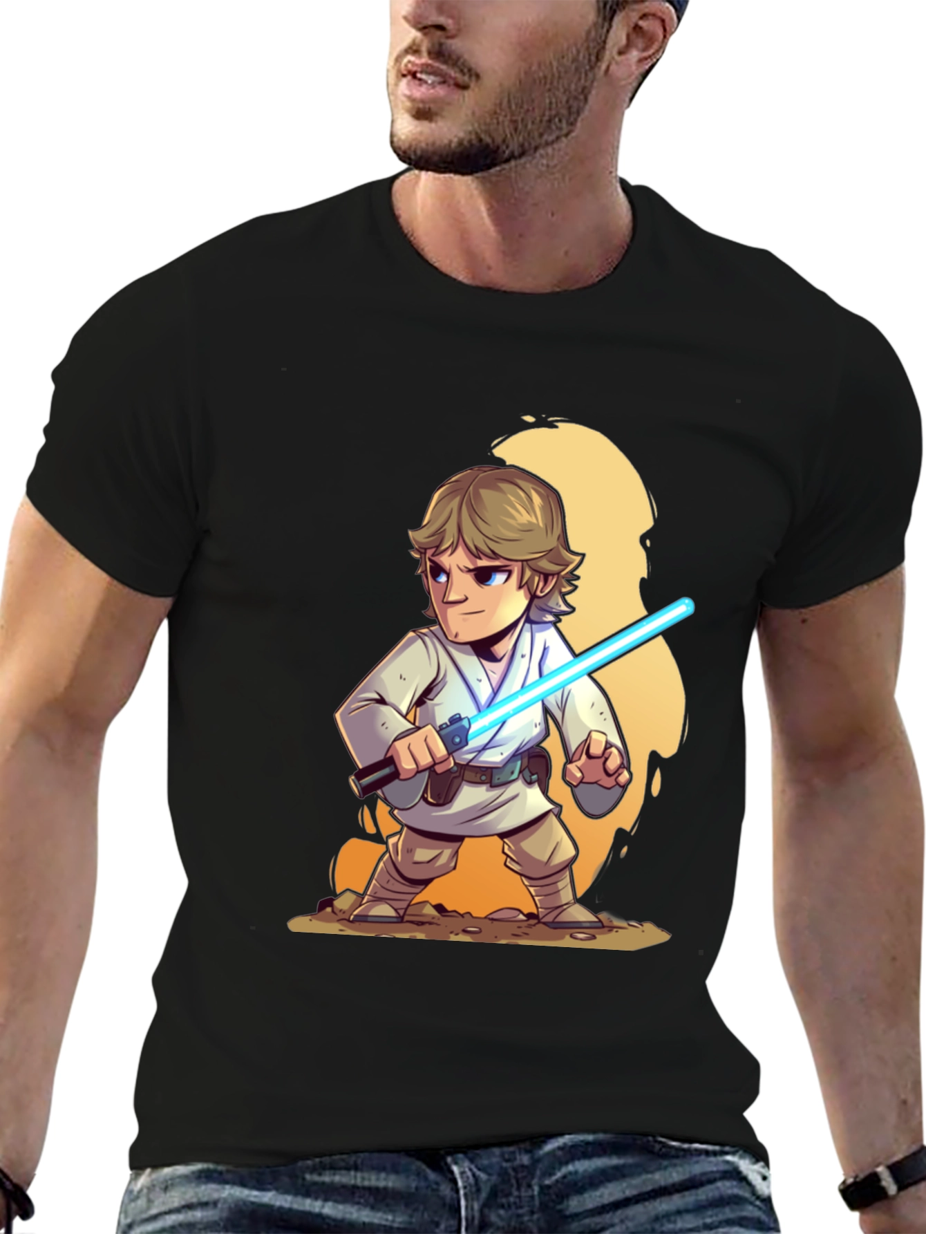 Cartoon Luke Skywalker Lightsaber Black T-Shirt