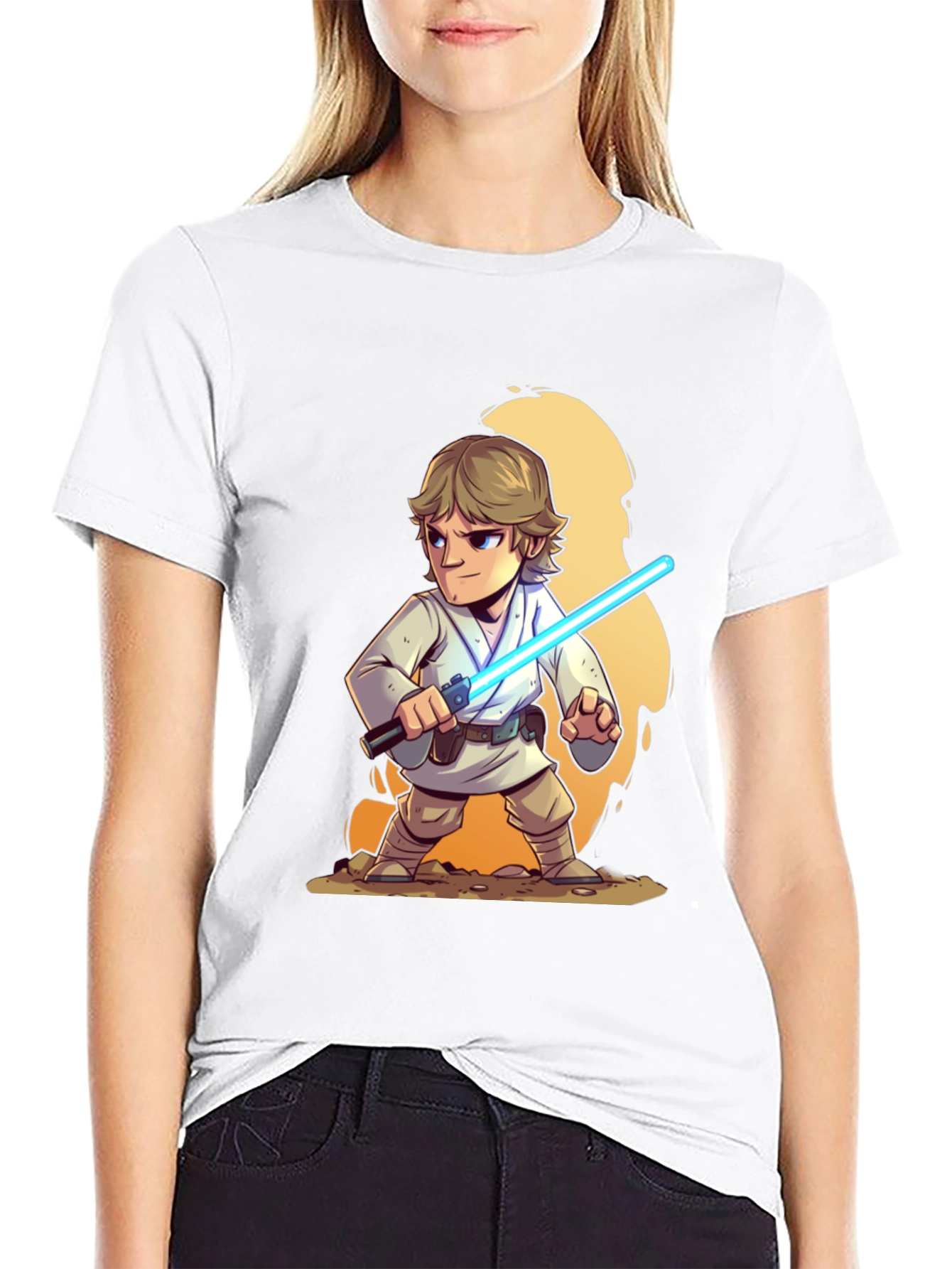 Cartoon Luke Skywalker Lightsaber Black T-Shirt