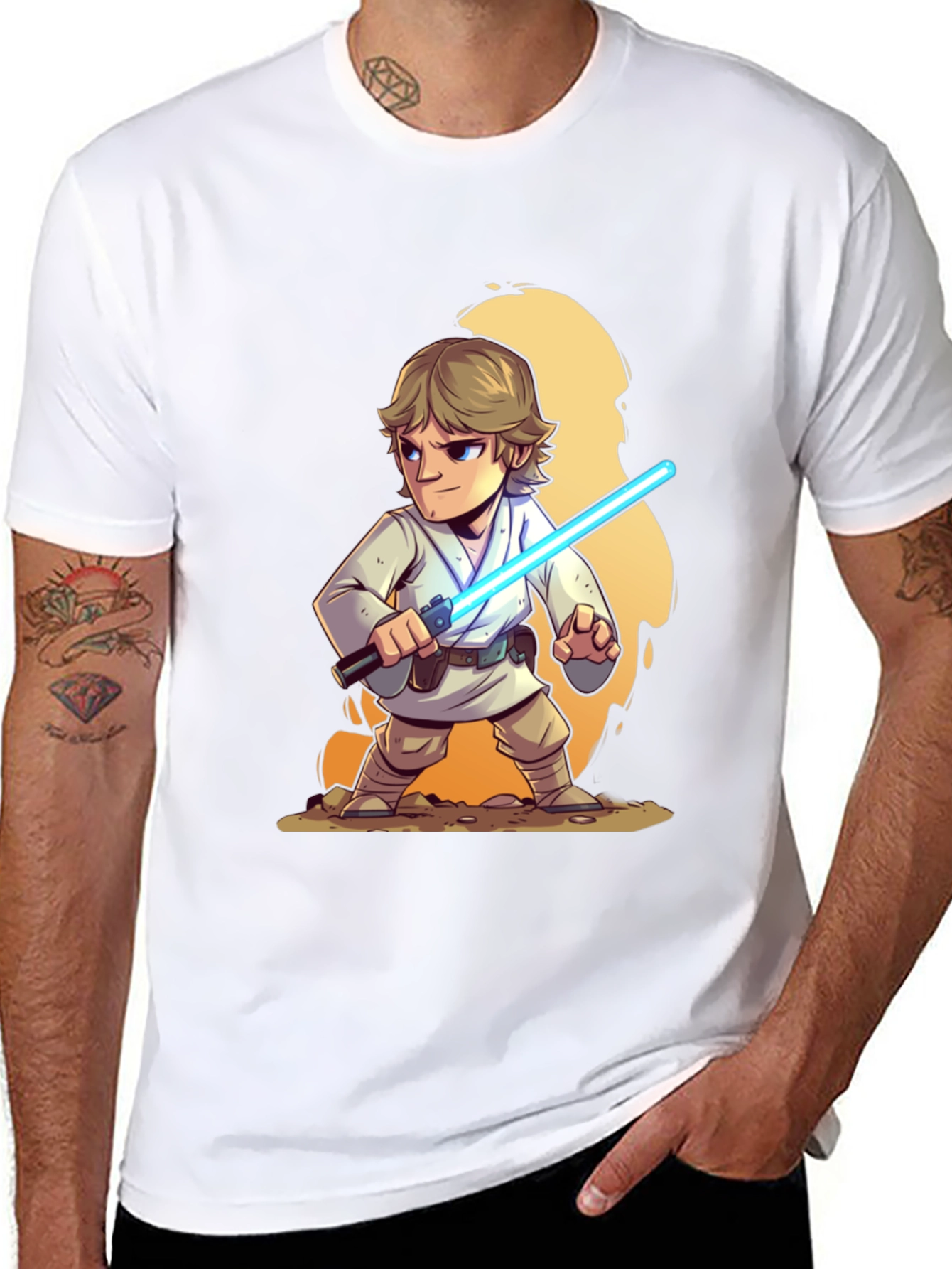 Cartoon Luke Skywalker Lightsaber Black T-Shirt